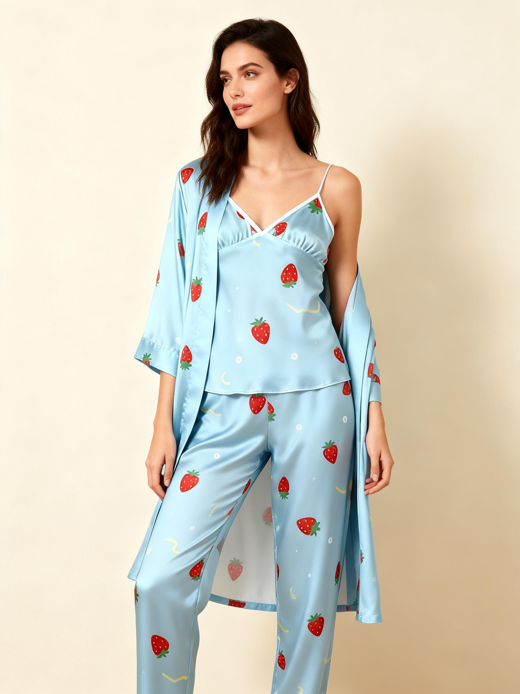 Premium Sky-Blue Satin Nightwear Trio With Sweet Strawberry Print