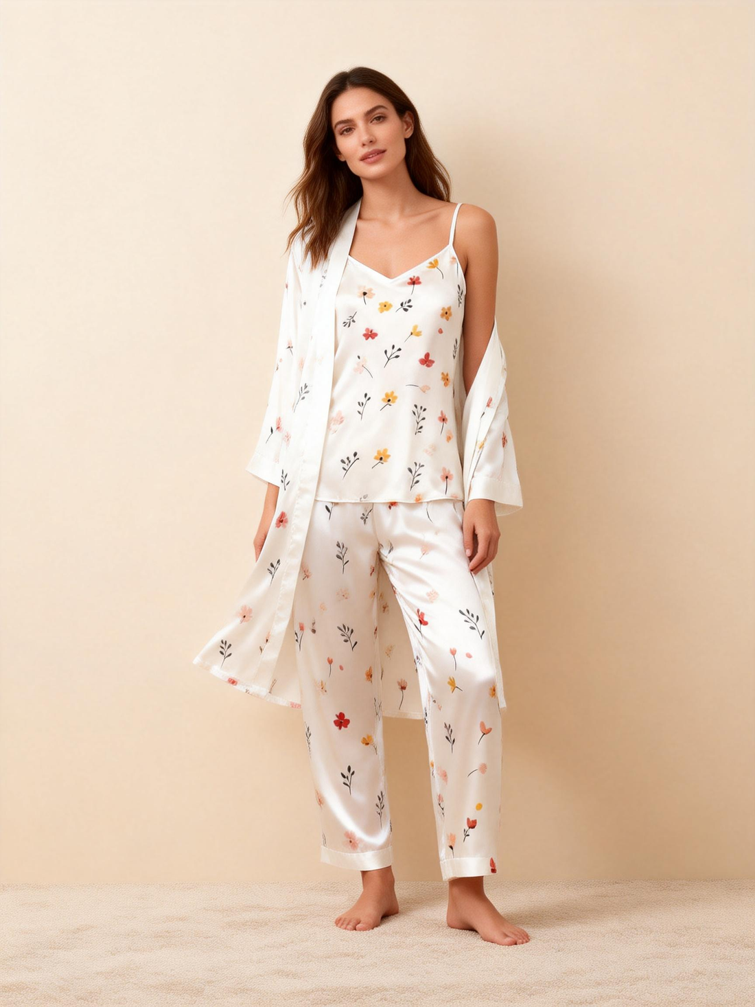 Women's Satin 3-Piece Loungewear Set in Mini Blossoms Style