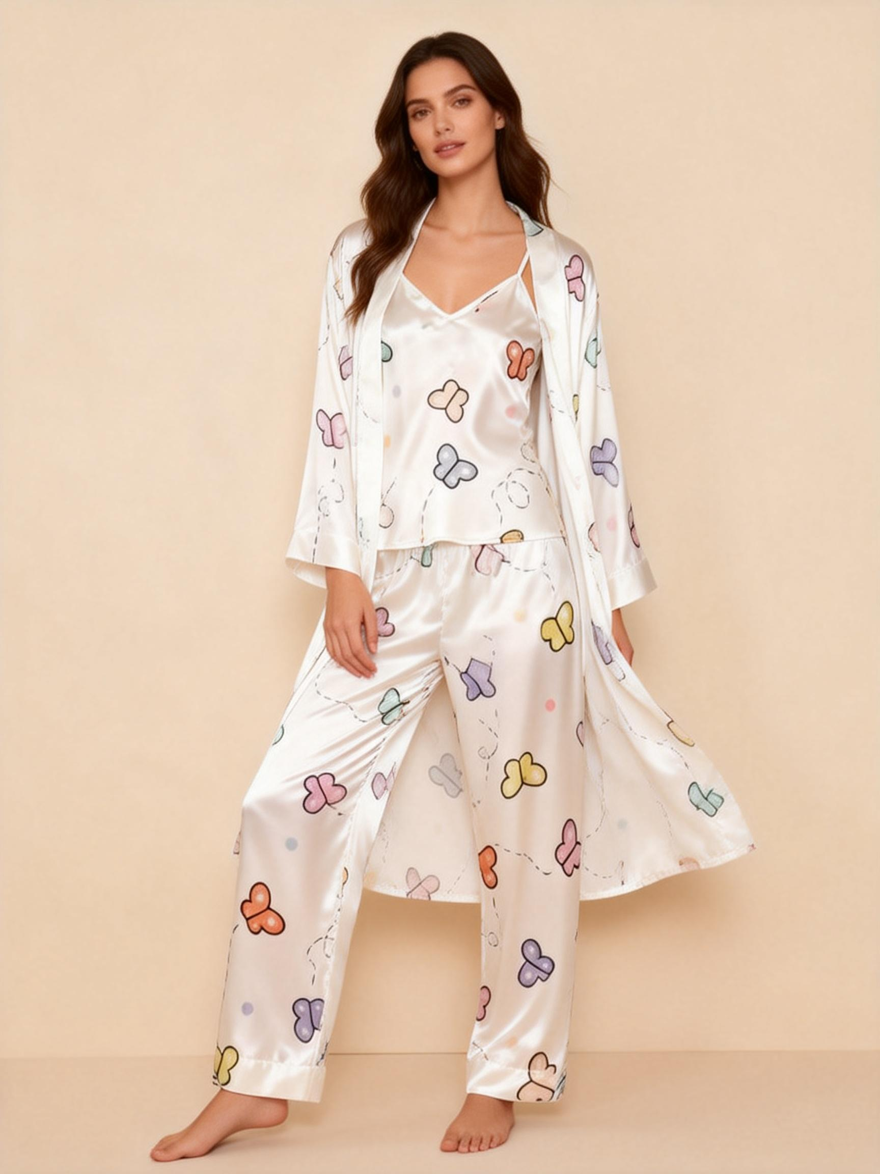 Premium Satin Nightwear Trio With Colorful Butterflies Motif