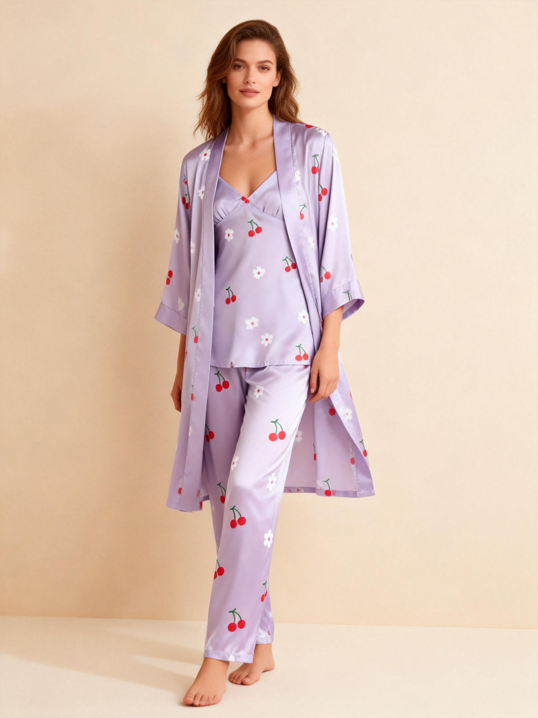 Premium Purple Satin Nightwear Trio With Sweet Cherry Print