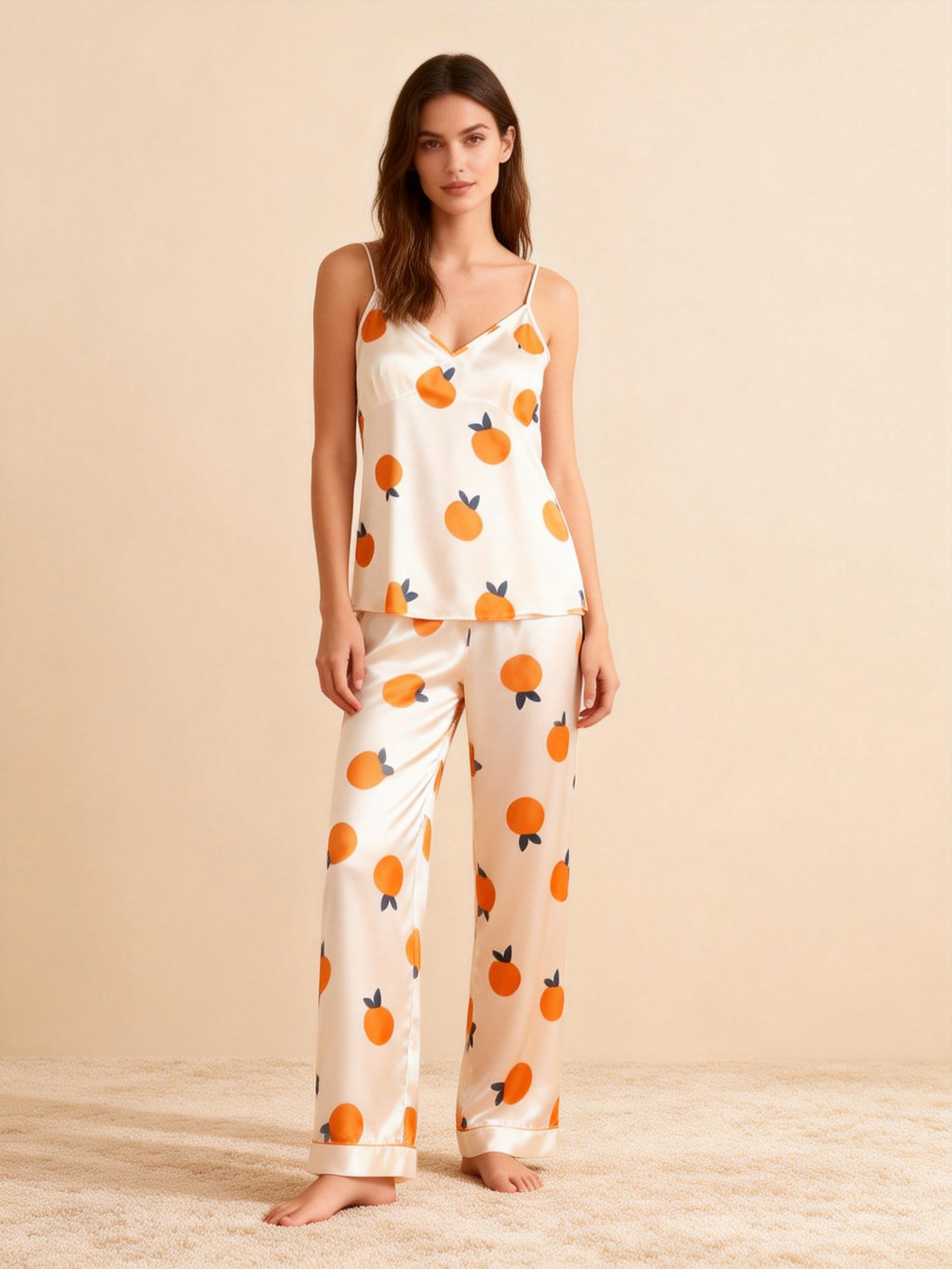 Feminine Satin Pajama Trio with Juicy Fruit Details