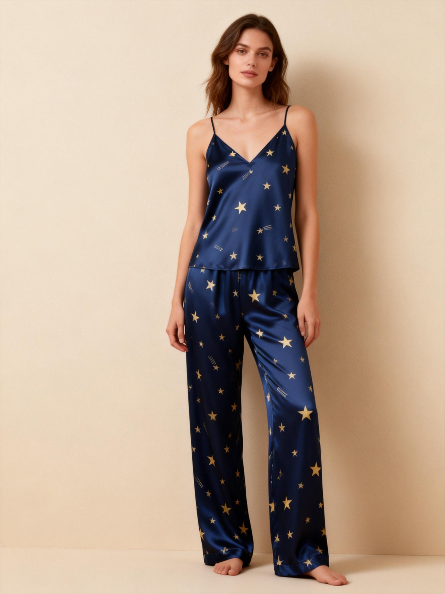 Women's Navy Silky Satin Homewear Set with Star Motifs
