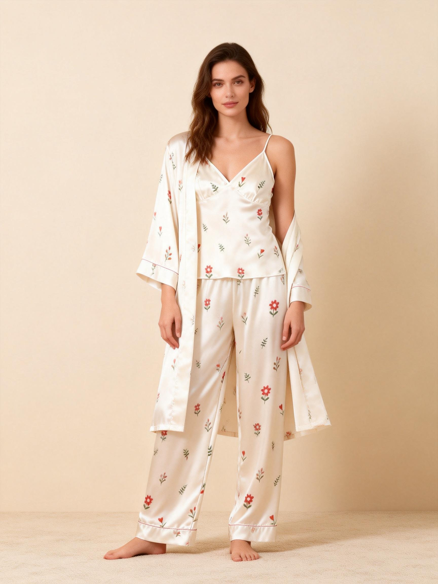 Women's Classic Satin Pajama Set with Cute Florals Motifs