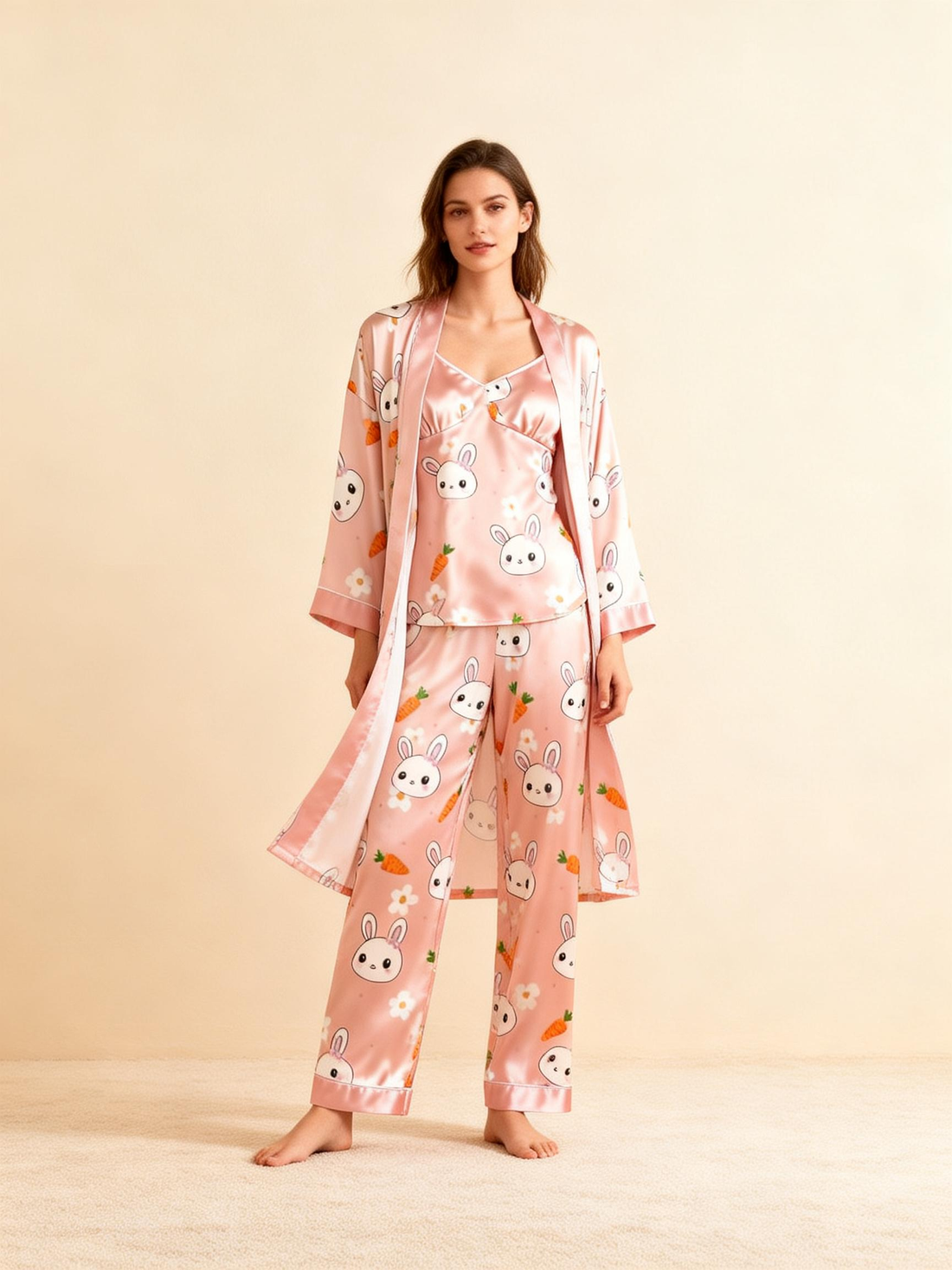 Women's Satin 3-Piece Loungewear Set in Cute Rabbit & Carrot Style