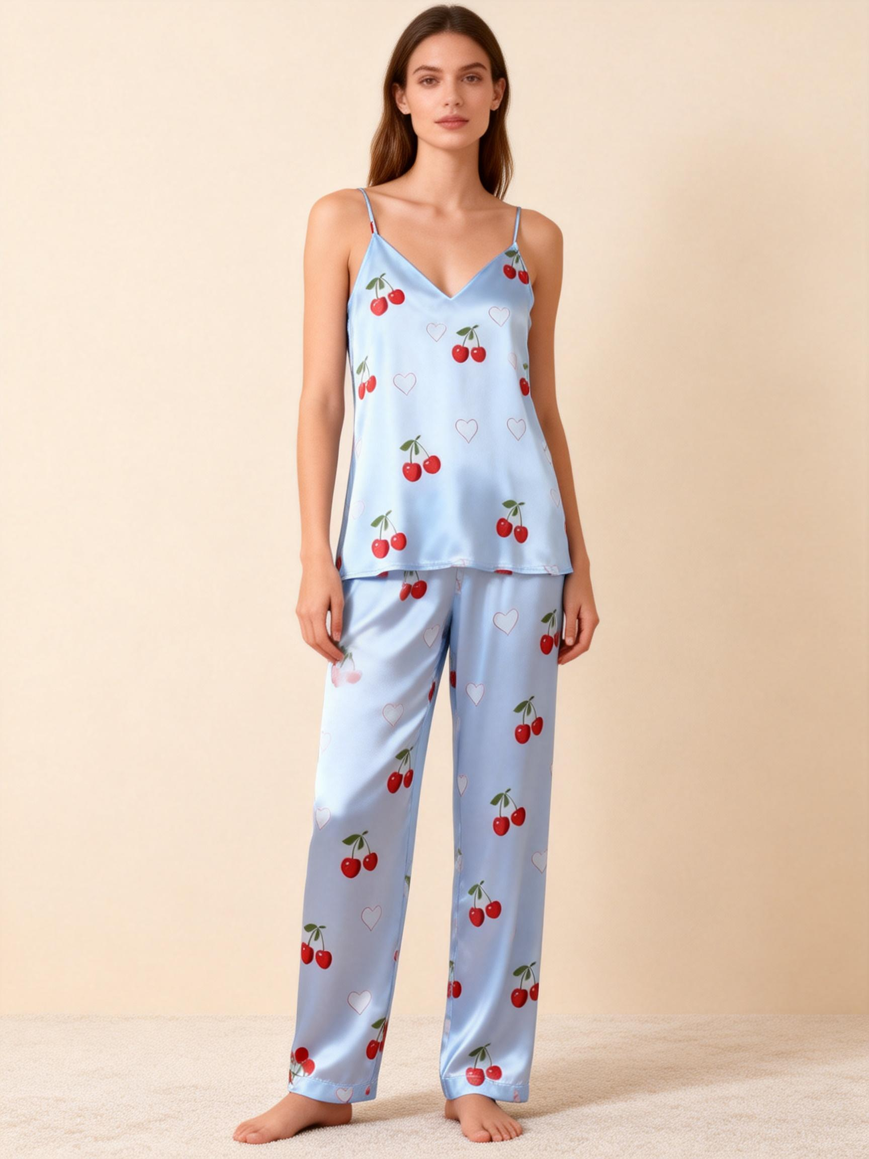 Women's Classic Blue Satin Pajama Set with Cherry Motifs