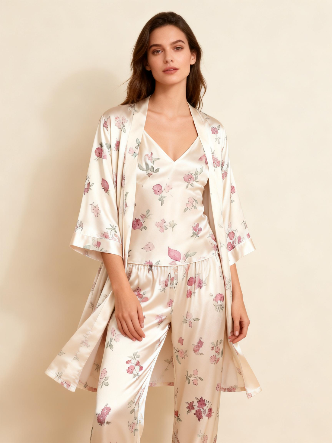 Women's Silky Satin Homewear Set with Pink Floral Motifs