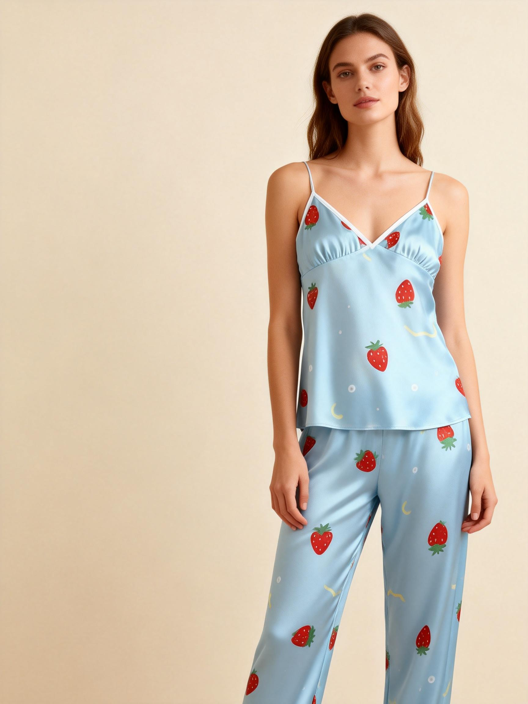 Premium Sky-Blue Satin Nightwear Trio With Sweet Strawberry Print