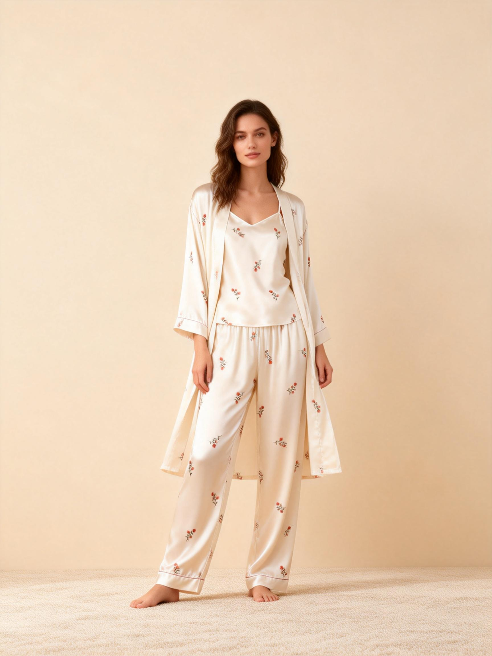 3-Piece Satin Nightwear Set with Minimal Floral Pattern
