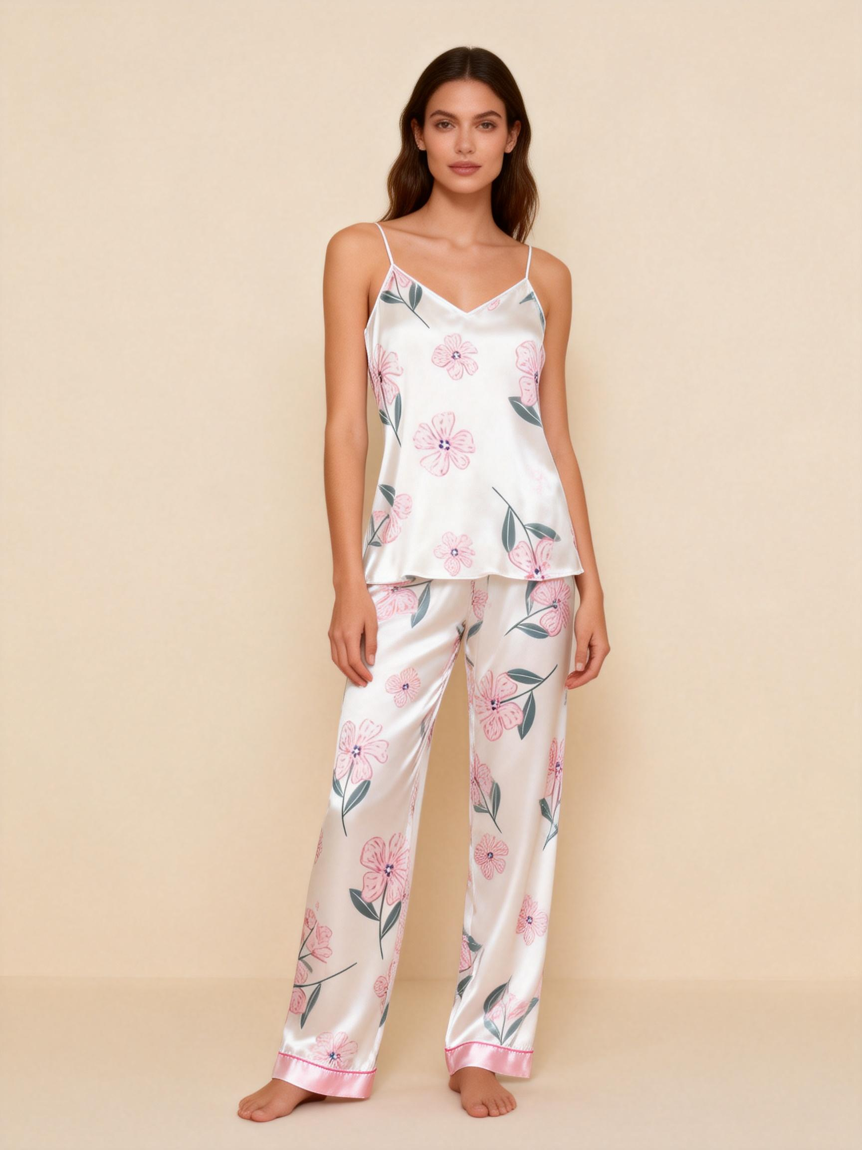 Women's Satin 3-Piece Loungewear Set in Elegant Pink Florals Style