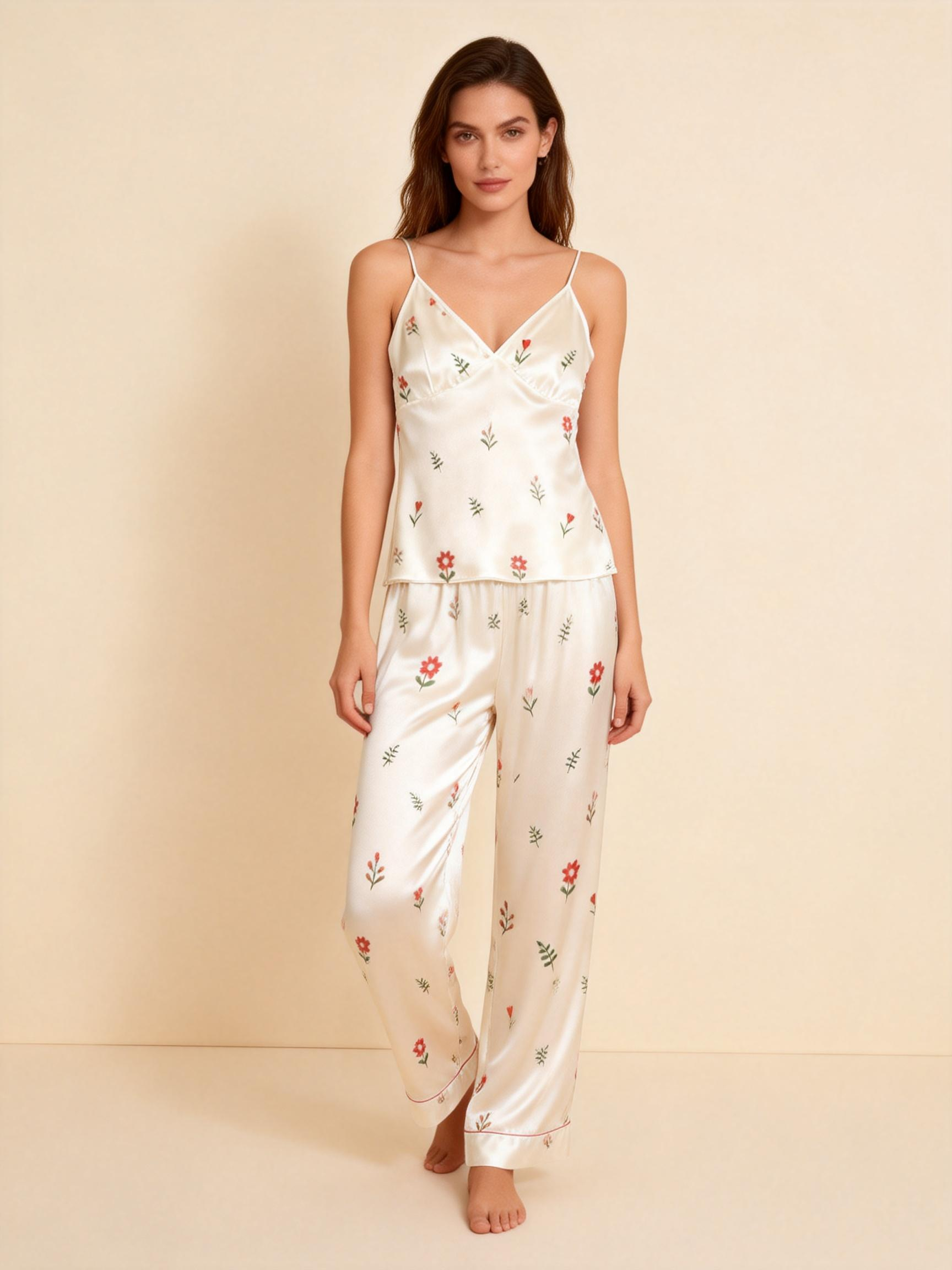 Women's Classic Satin Pajama Set with Cute Florals Motifs