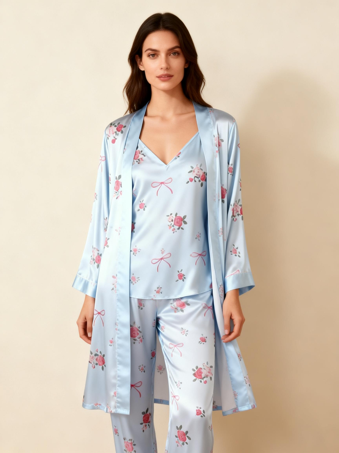 Sweet Bowknot & Florals Design Feminine Satin Pajama Trio