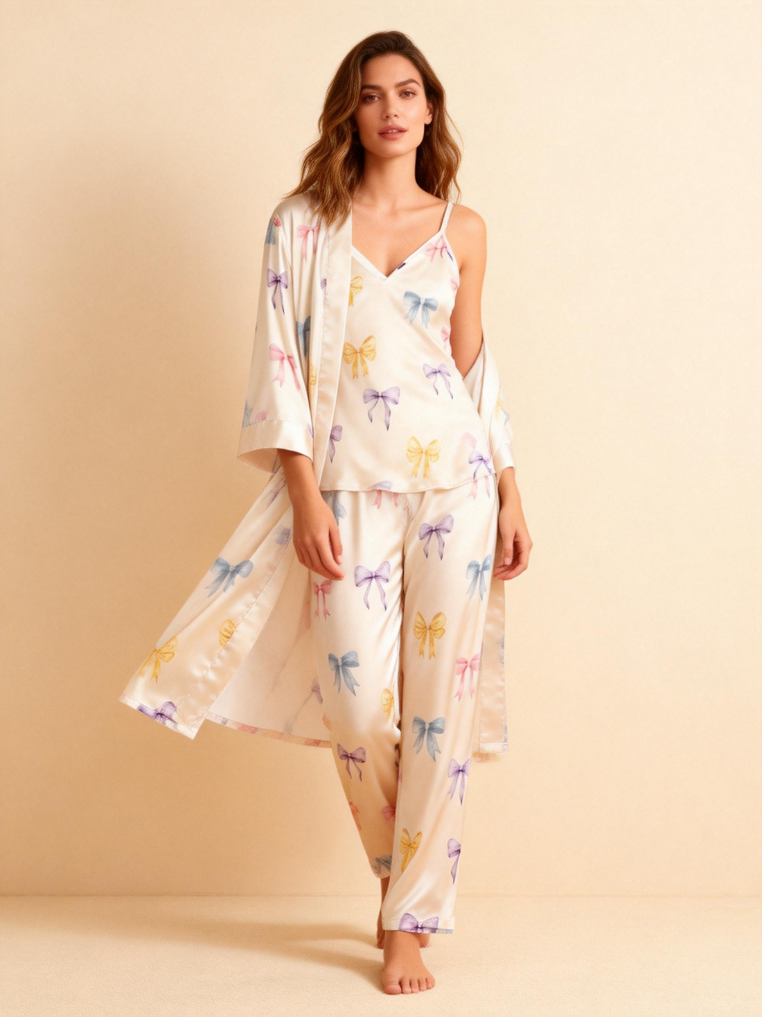 Women's Silky Satin Homewear Set with Dreamy Bowknot Motifs