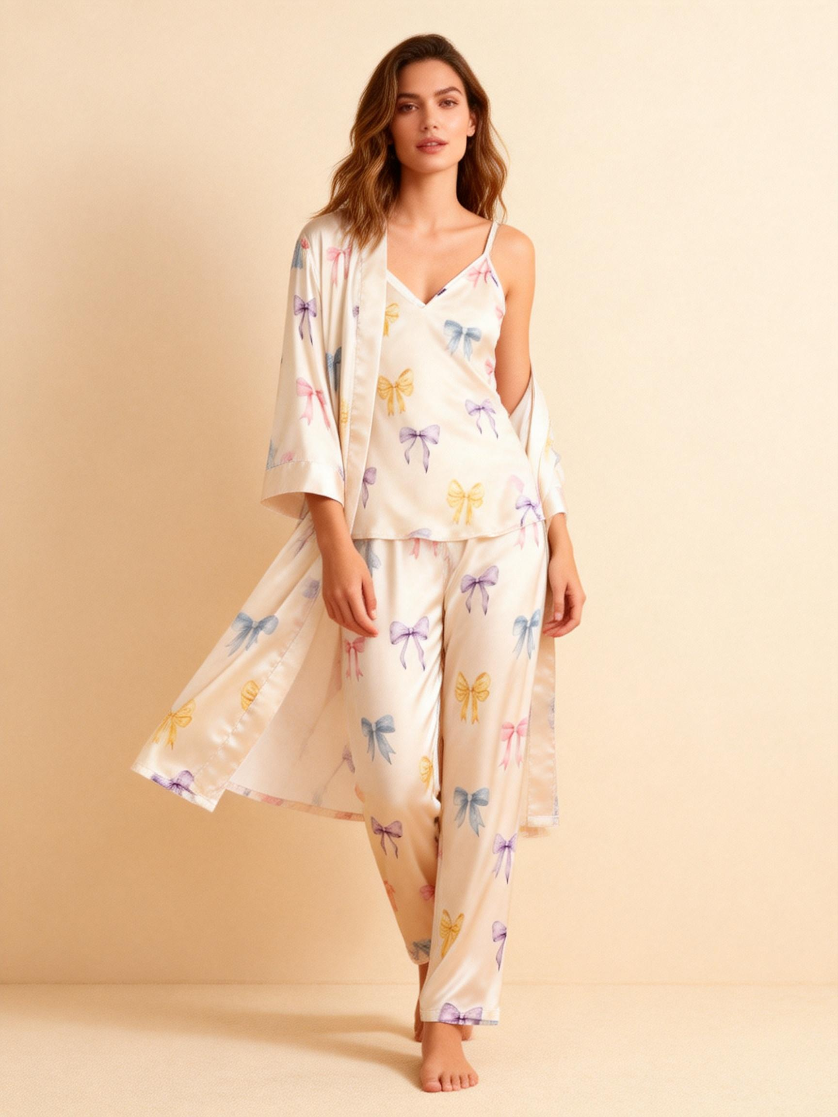 Women's Silky Satin Homewear Set with Dreamy Bowknot Motifs