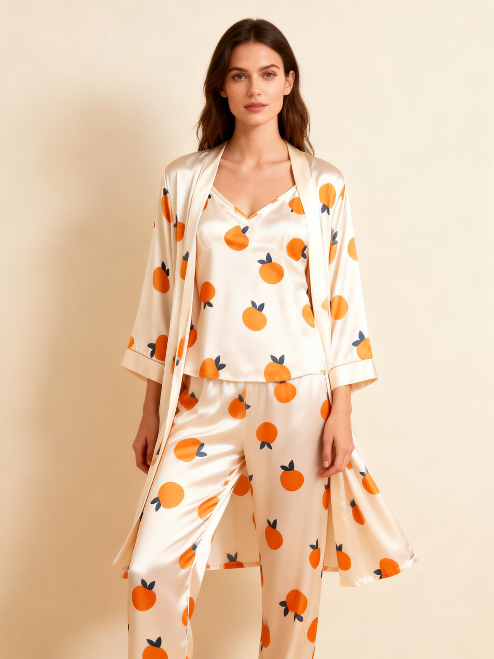 Feminine Satin Pajama Trio with Juicy Fruit Details