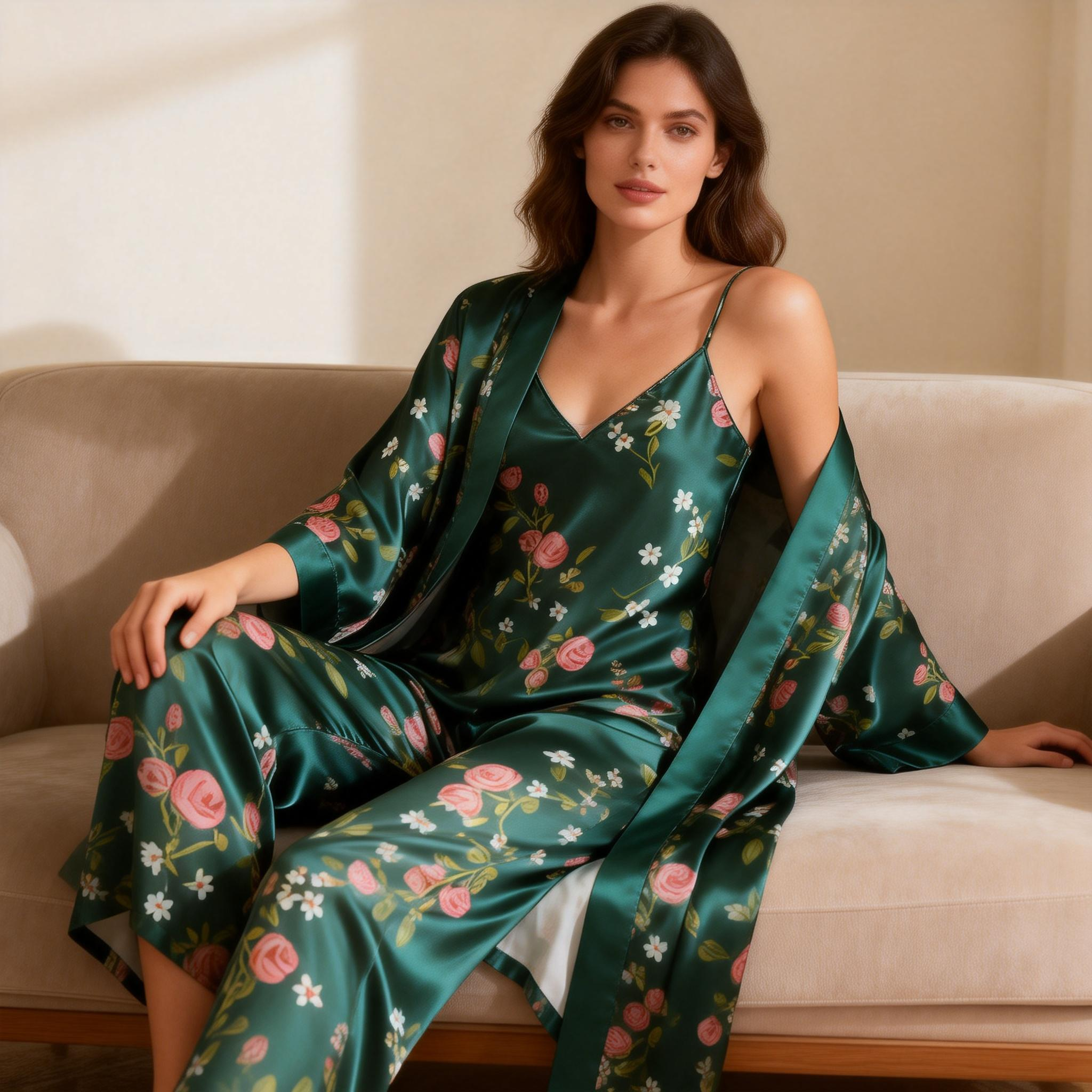 Silky Satin 3-Piece Nightwear Set in Elegant Green Style