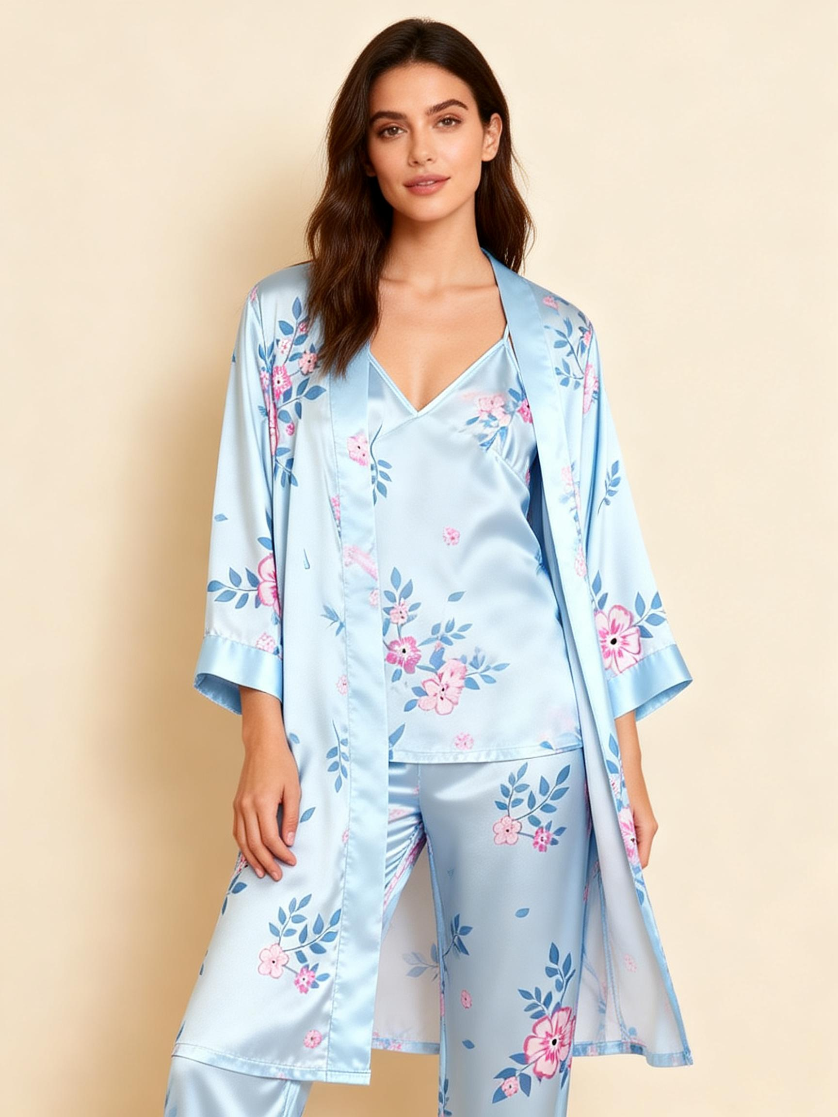 Women's Blue Silky Satin Homewear Set with Floral Illustration