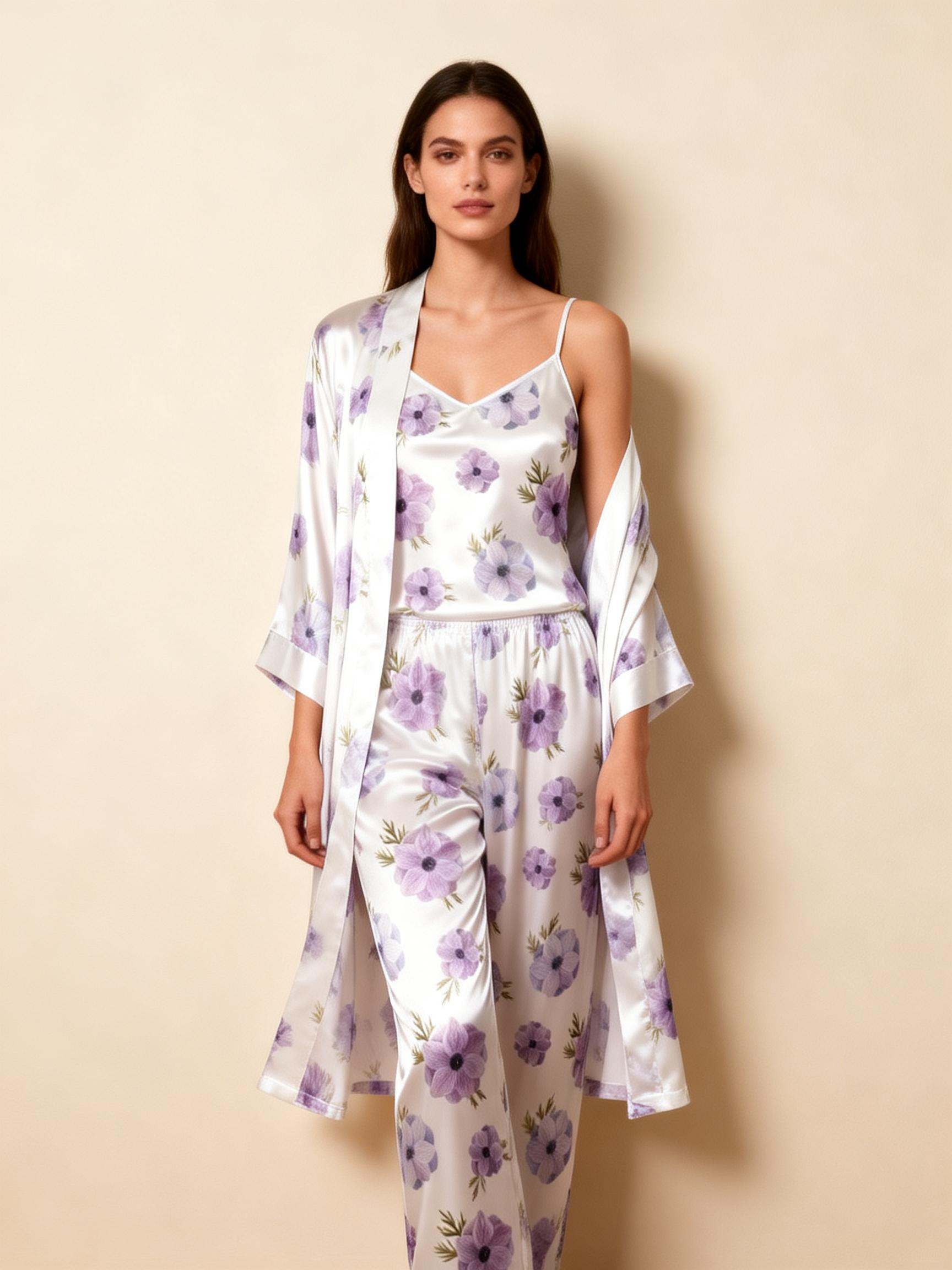 Satin 3-Piece Sleepwear Set with Purple Floral Design
