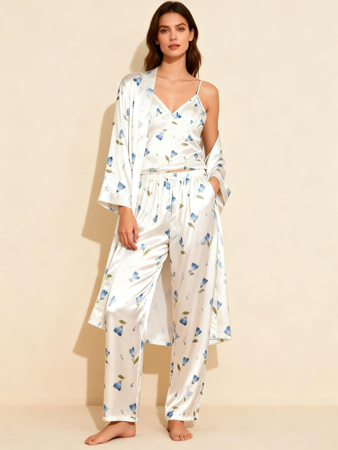 Women's Silky Satin Homewear Set with Watercolor Blue Floral Motifs