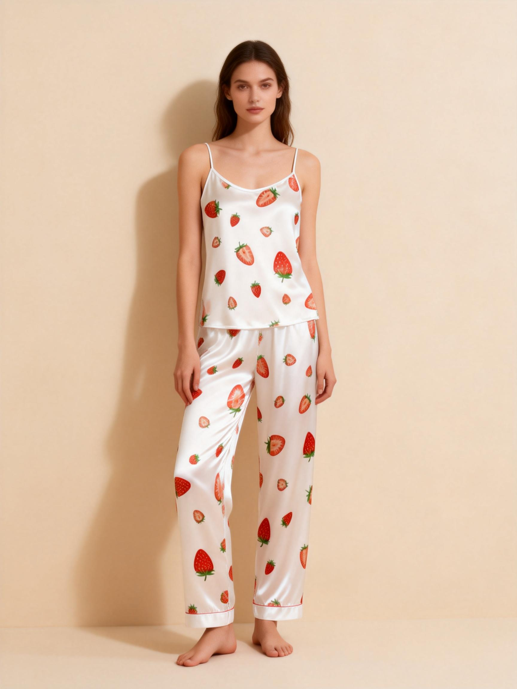 Satin 3-Piece Strawberry Pattern Sleepwear Set for Women