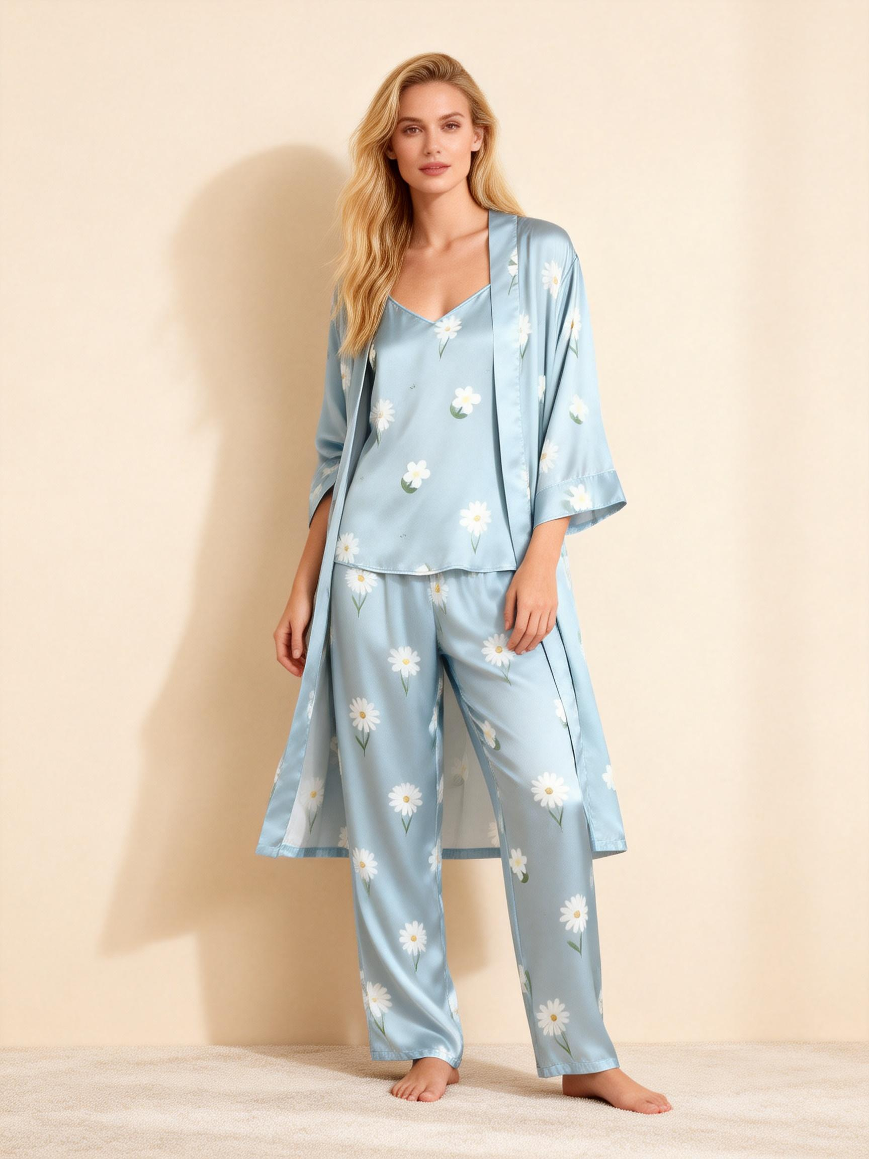 Satin 3-Piece Elegant Blue Floral Sleepwear Set for Women