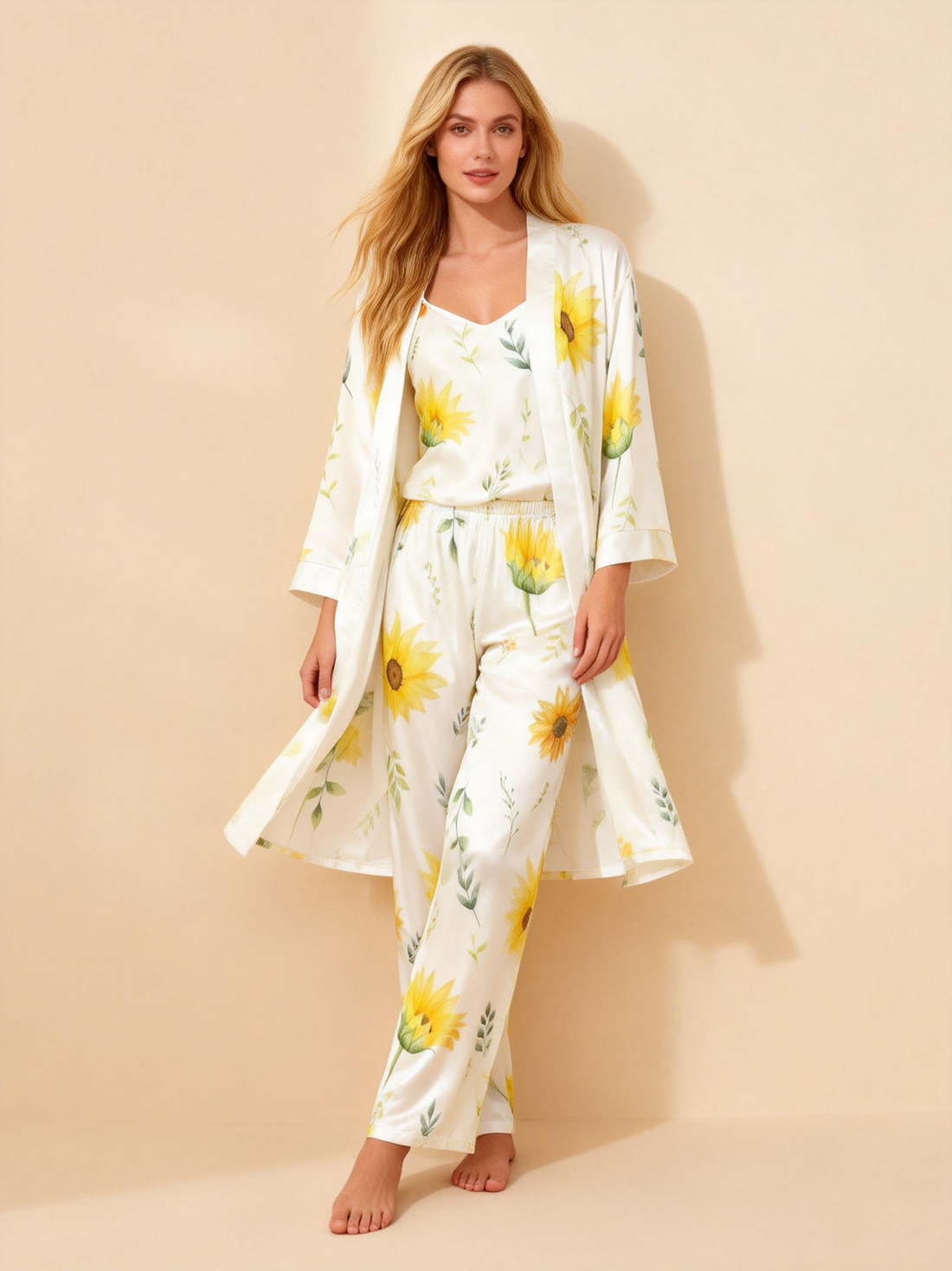 Satin 3-Piece Sunflower Floral Sleepwear Set for Women