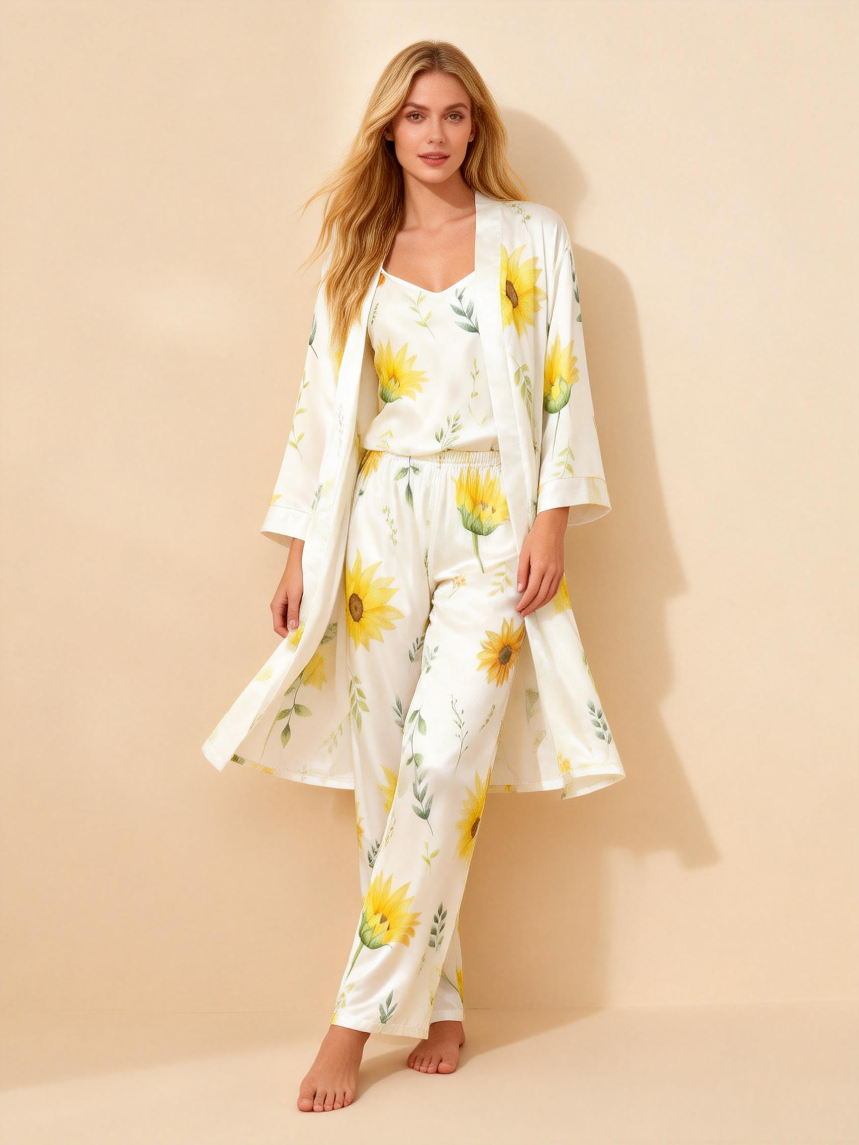 Satin 3-Piece Sunflower Floral Sleepwear Set for Women