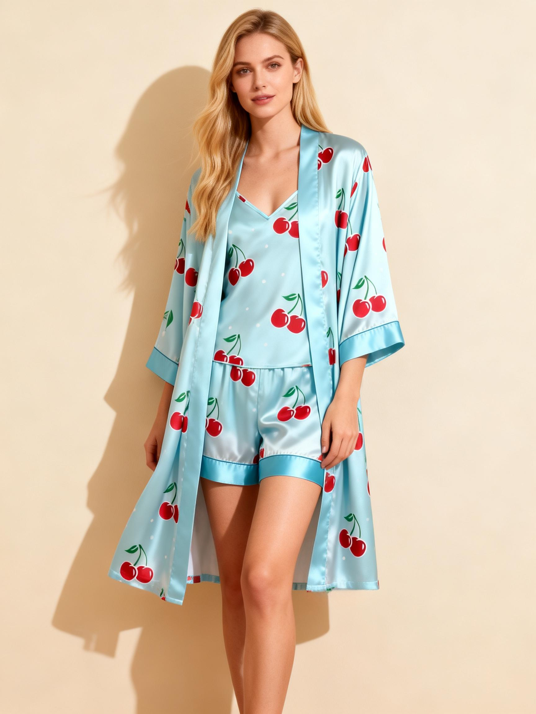 Women's Premium Light Blue Satin Sleep Set with Cherry Pattern