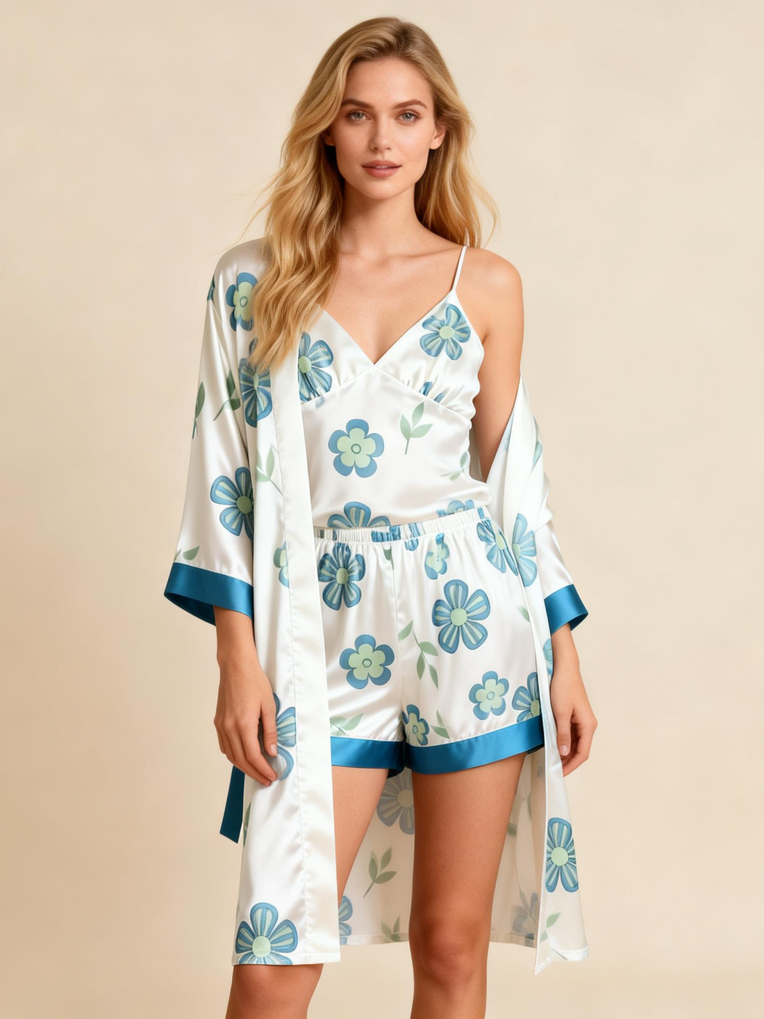 Women's Premium Satin Sleep Set with Bloom Floral Pattern