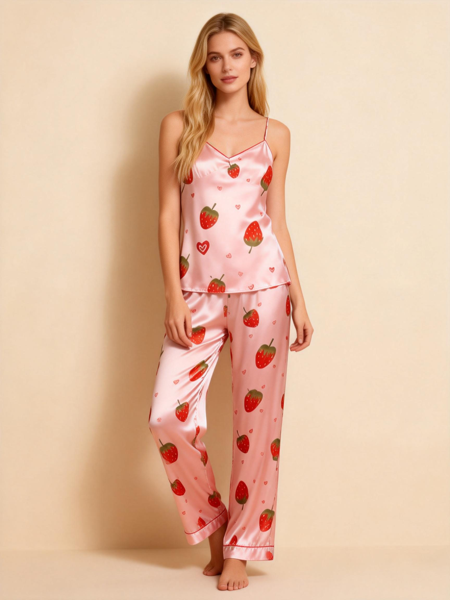 Women's 3-Piece Lovely Strawberry Satin Loungewear