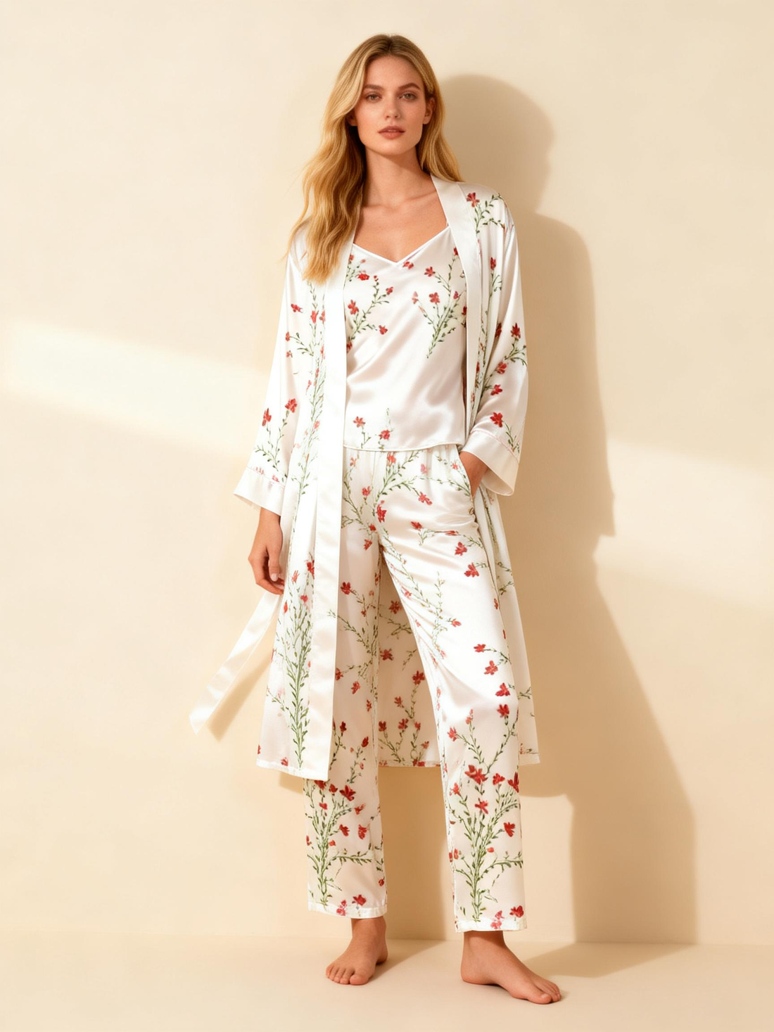 Satin 3-Piece Opulent Floral Sleepwear Set for Women