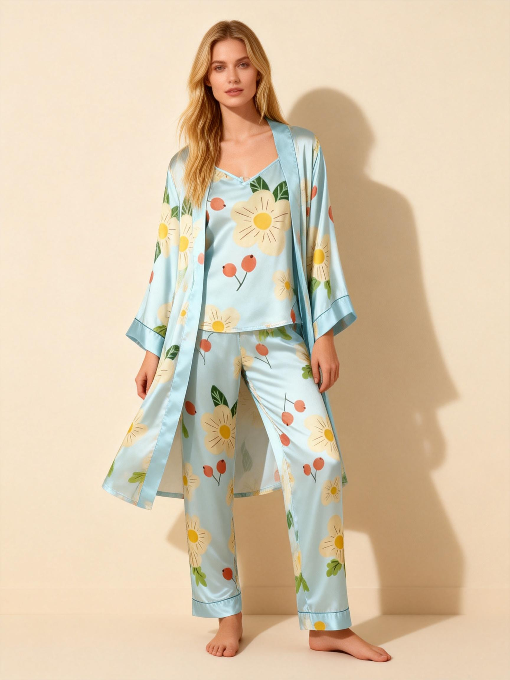 Satin 3-Piece Wildflower Meadow Sleepwear Set for Women