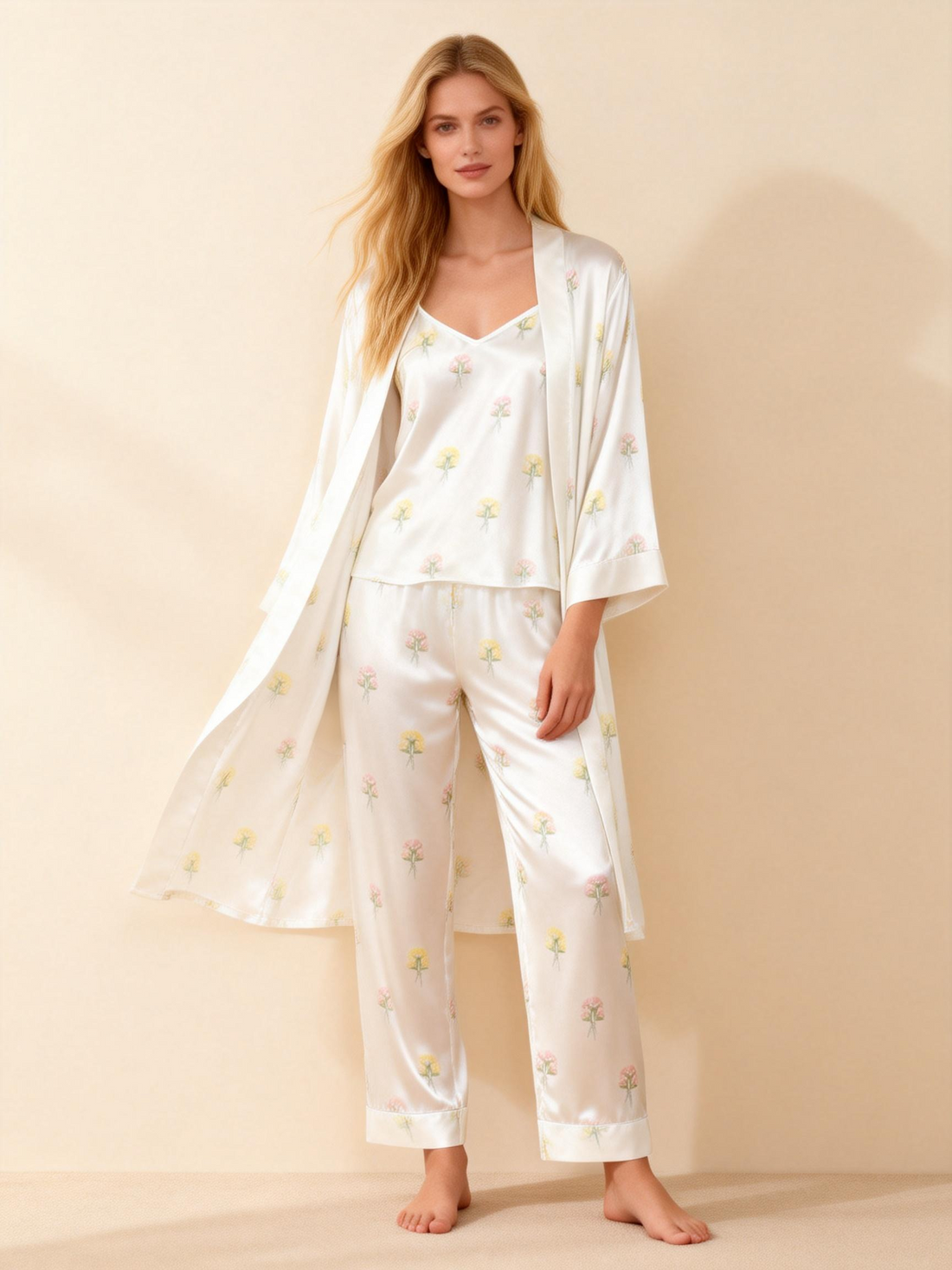 Satin 3-Piece Simple Floral Sleepwear Set for Women
