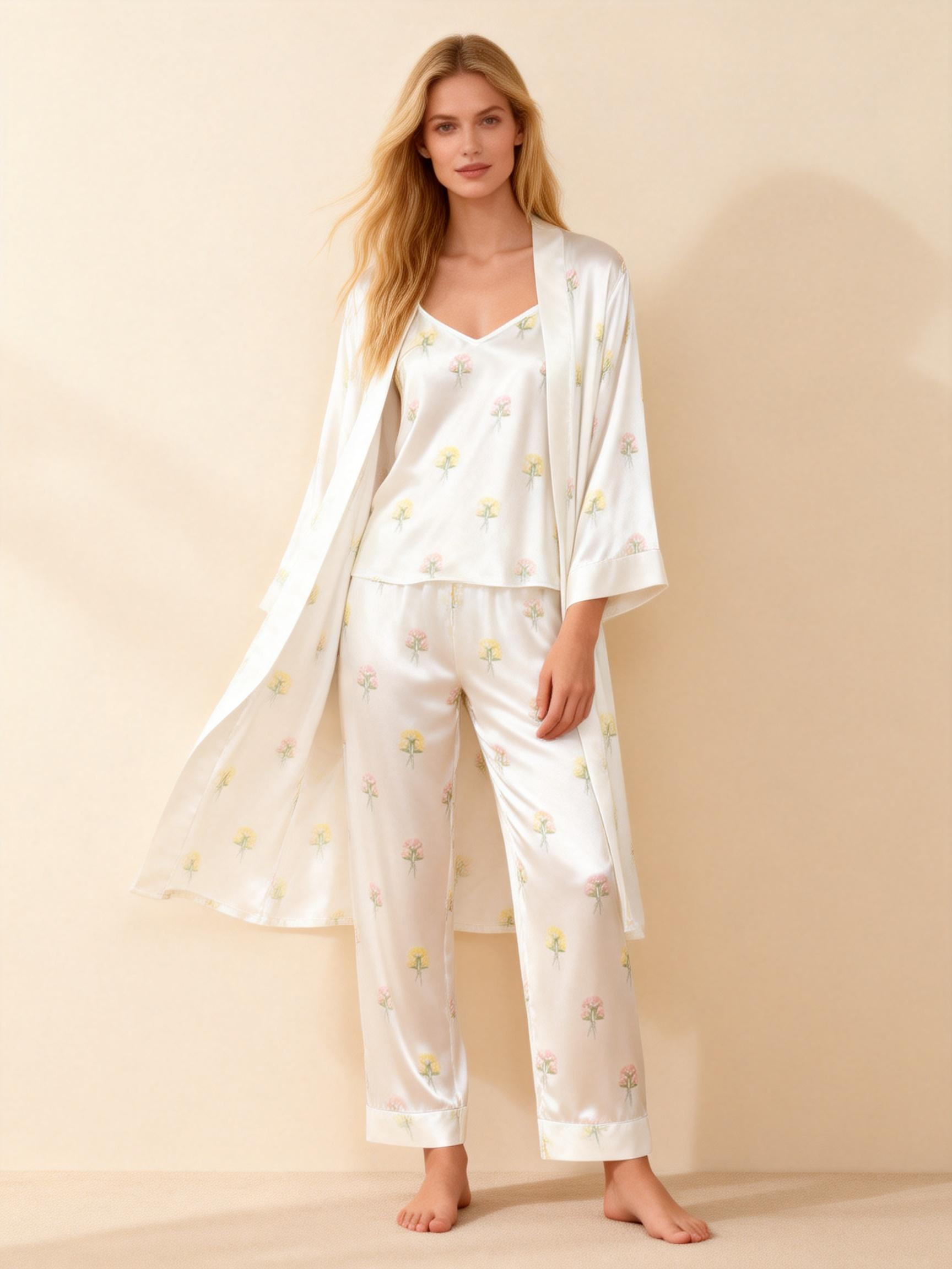 Satin 3-Piece Simple Floral Sleepwear Set for Women