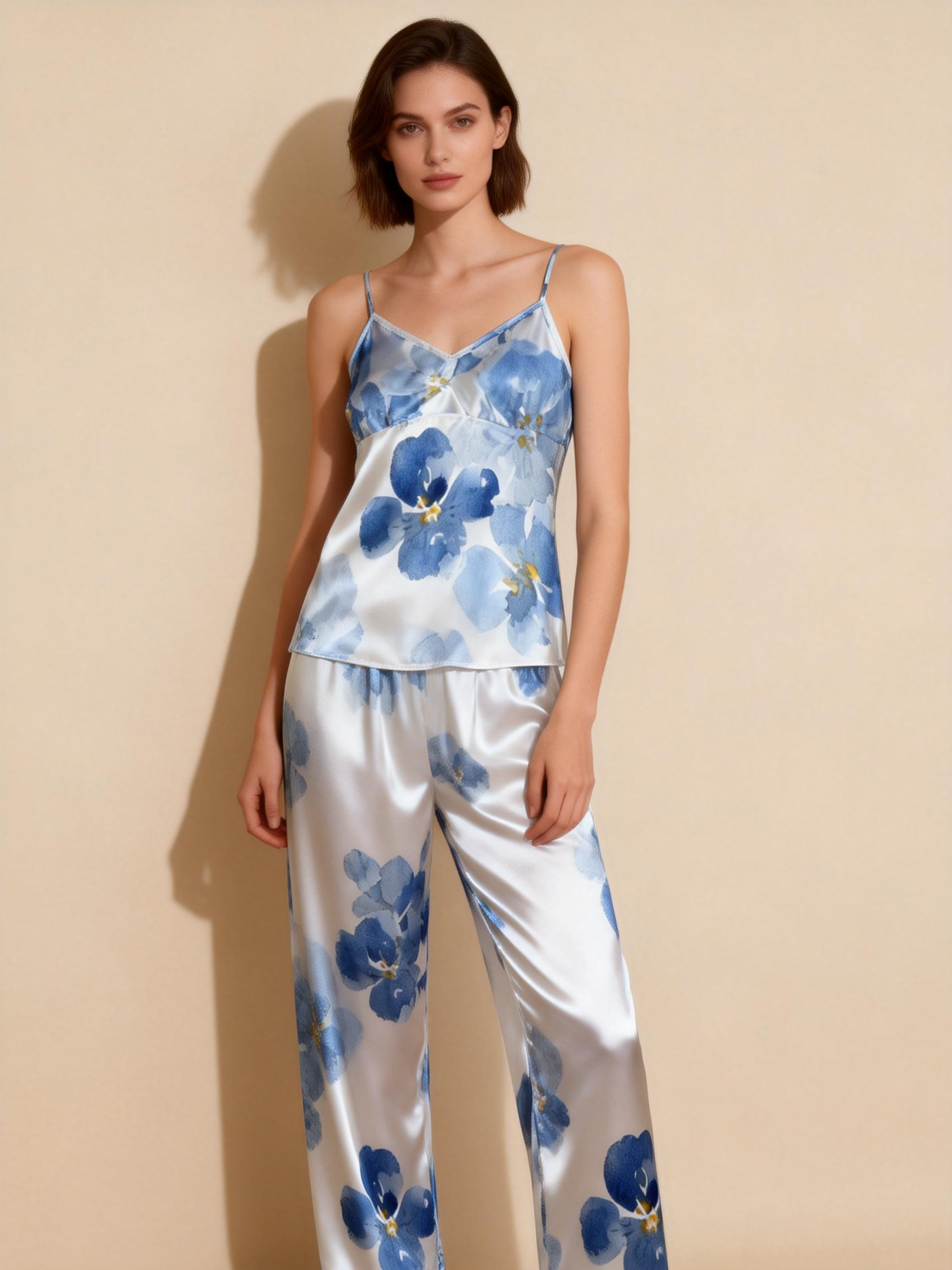 3-Piece Satin Nightwear Set with Elegant Blue Floral Pattern