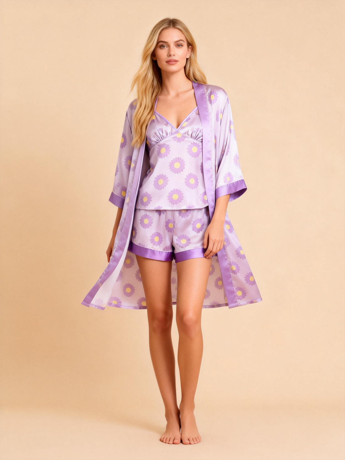 Women's Premium Satin Sleep Set with Elegant Purple Floral