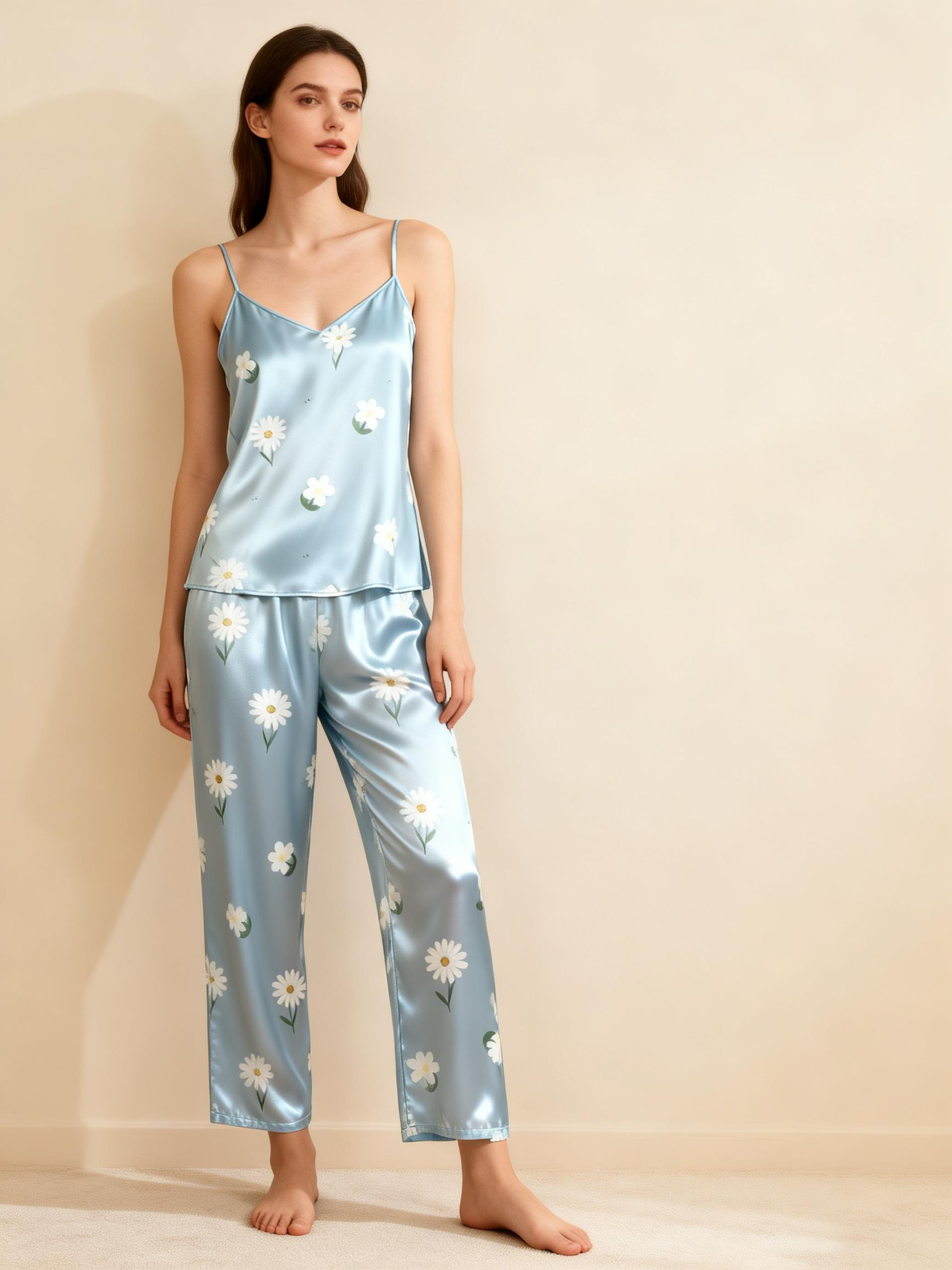 Satin 3-Piece Elegant Blue Floral Sleepwear Set for Women