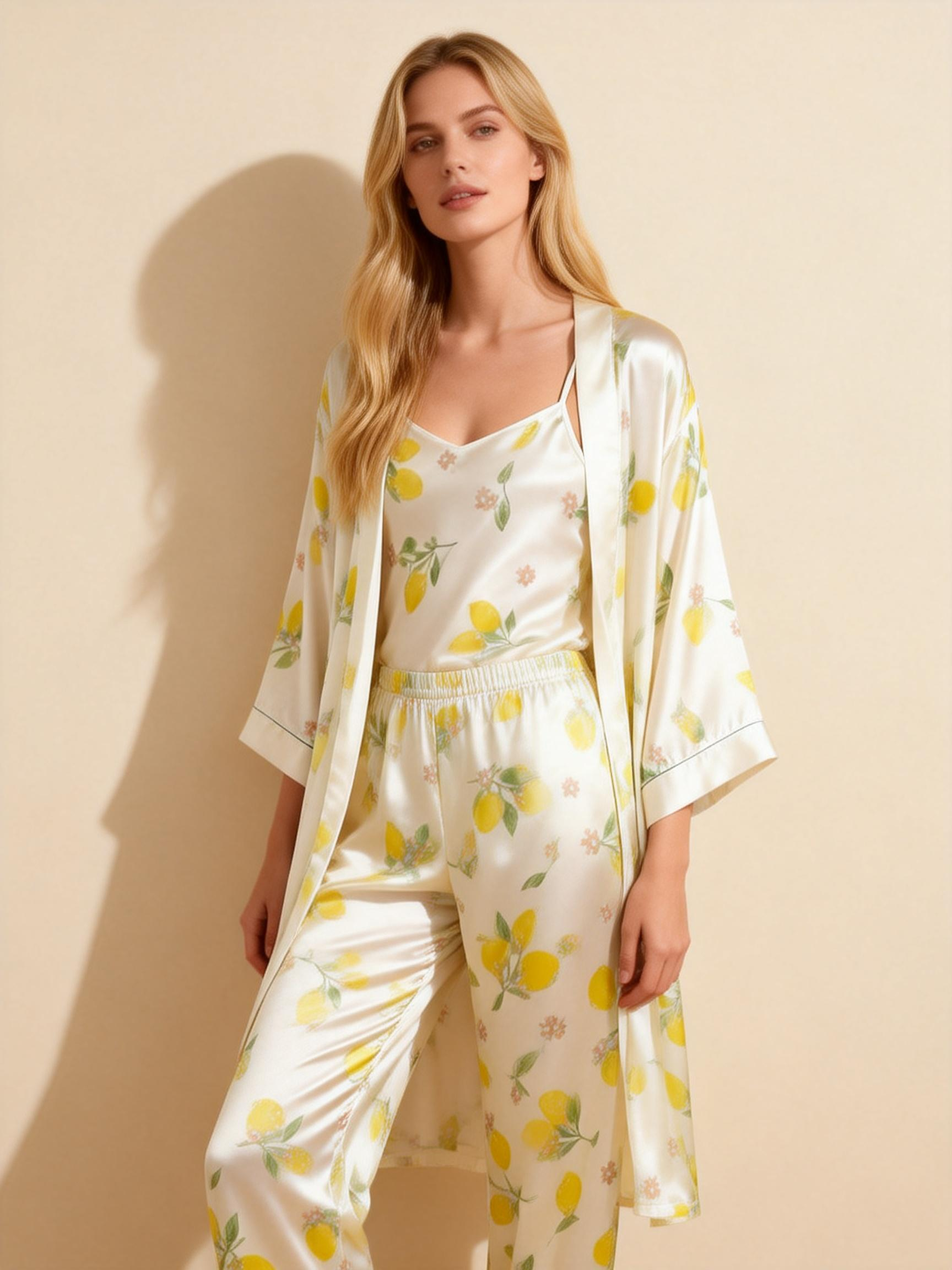 3-Piece Satin Nightwear Set with Watercolor Botanical Pattern