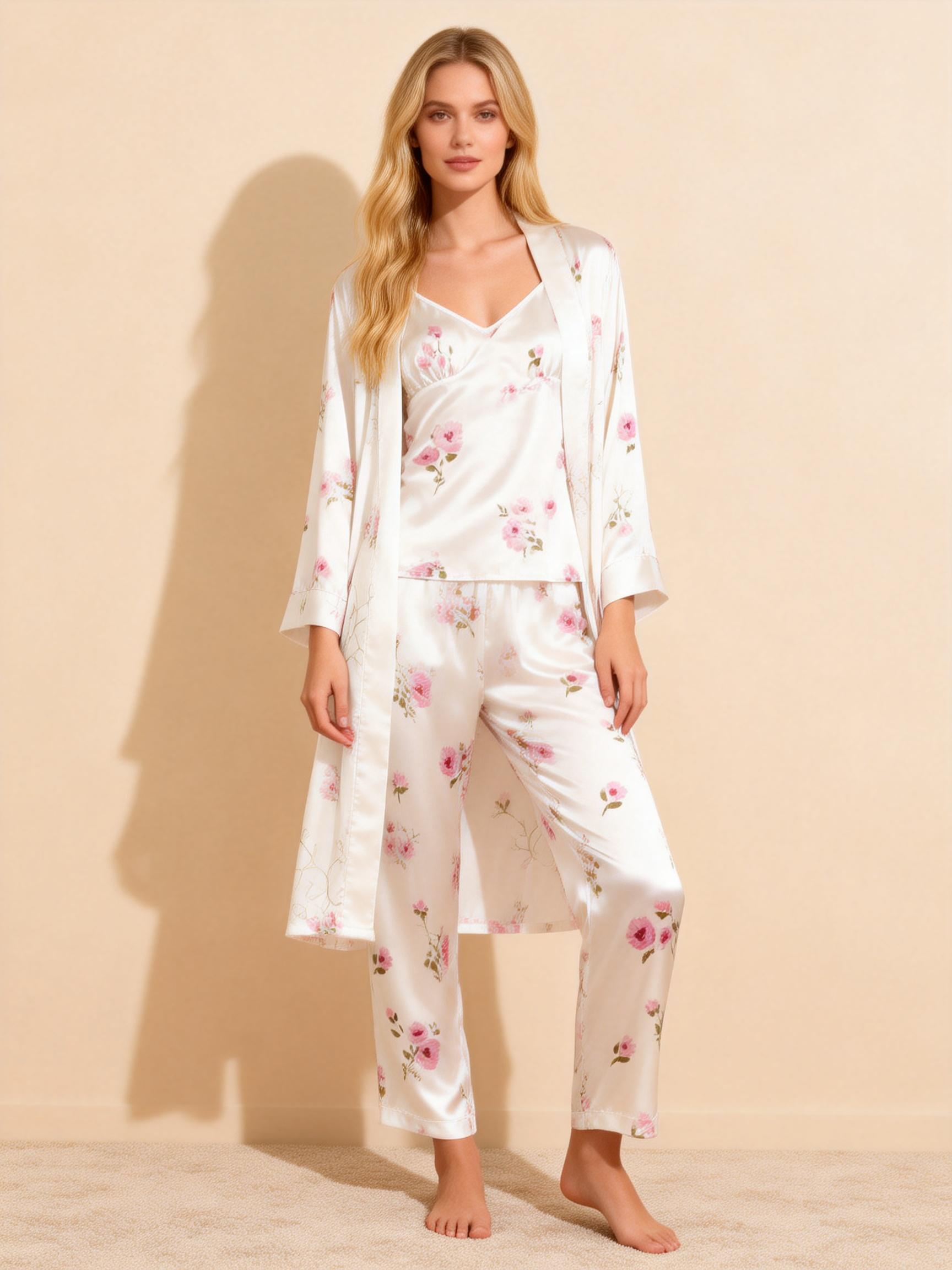 Satin 3-Piece Pink Floral Sleepwear Set for Women