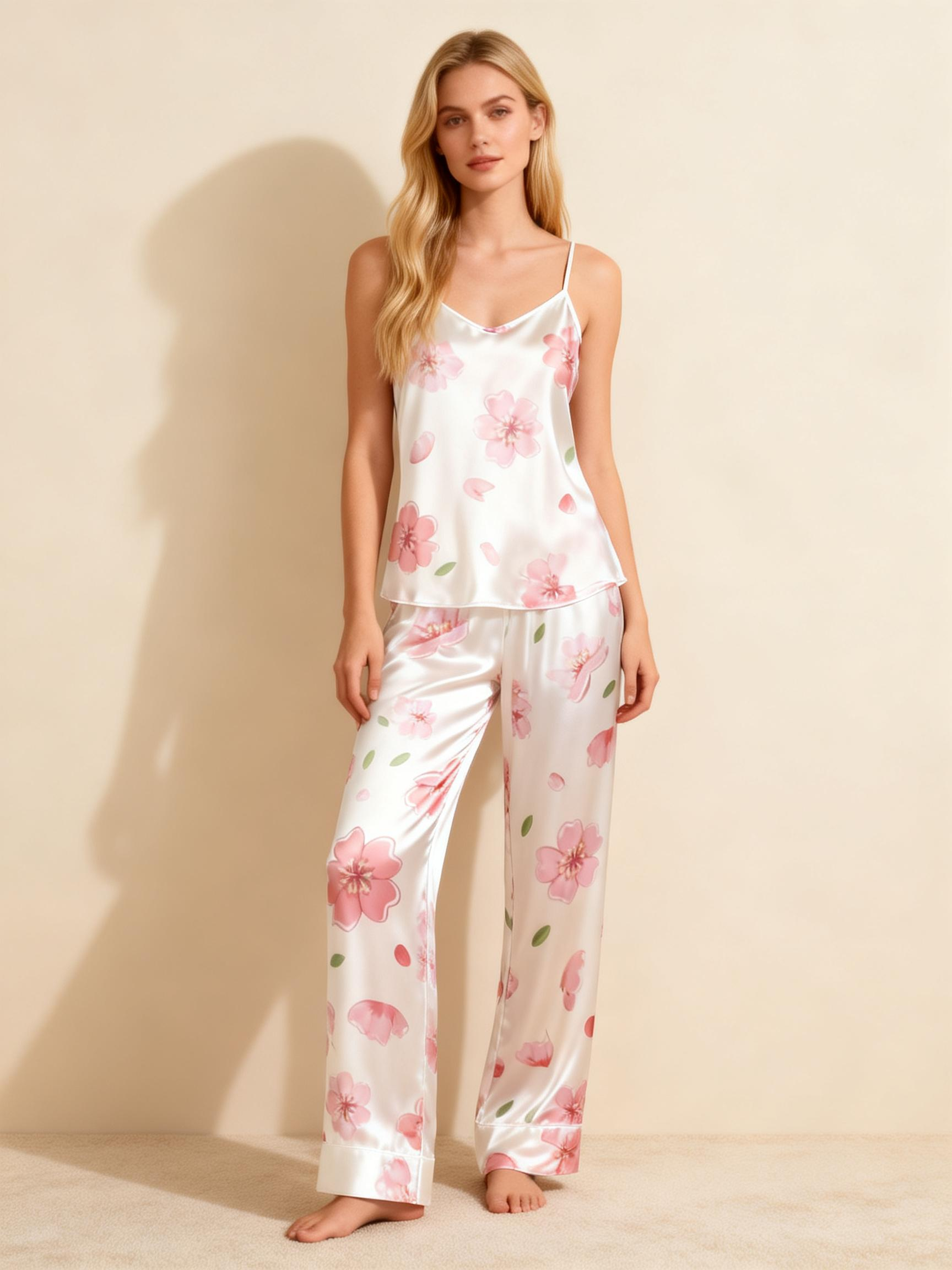 Satin 3-Piece Elegant Pink Floral Sleepwear Set for Women