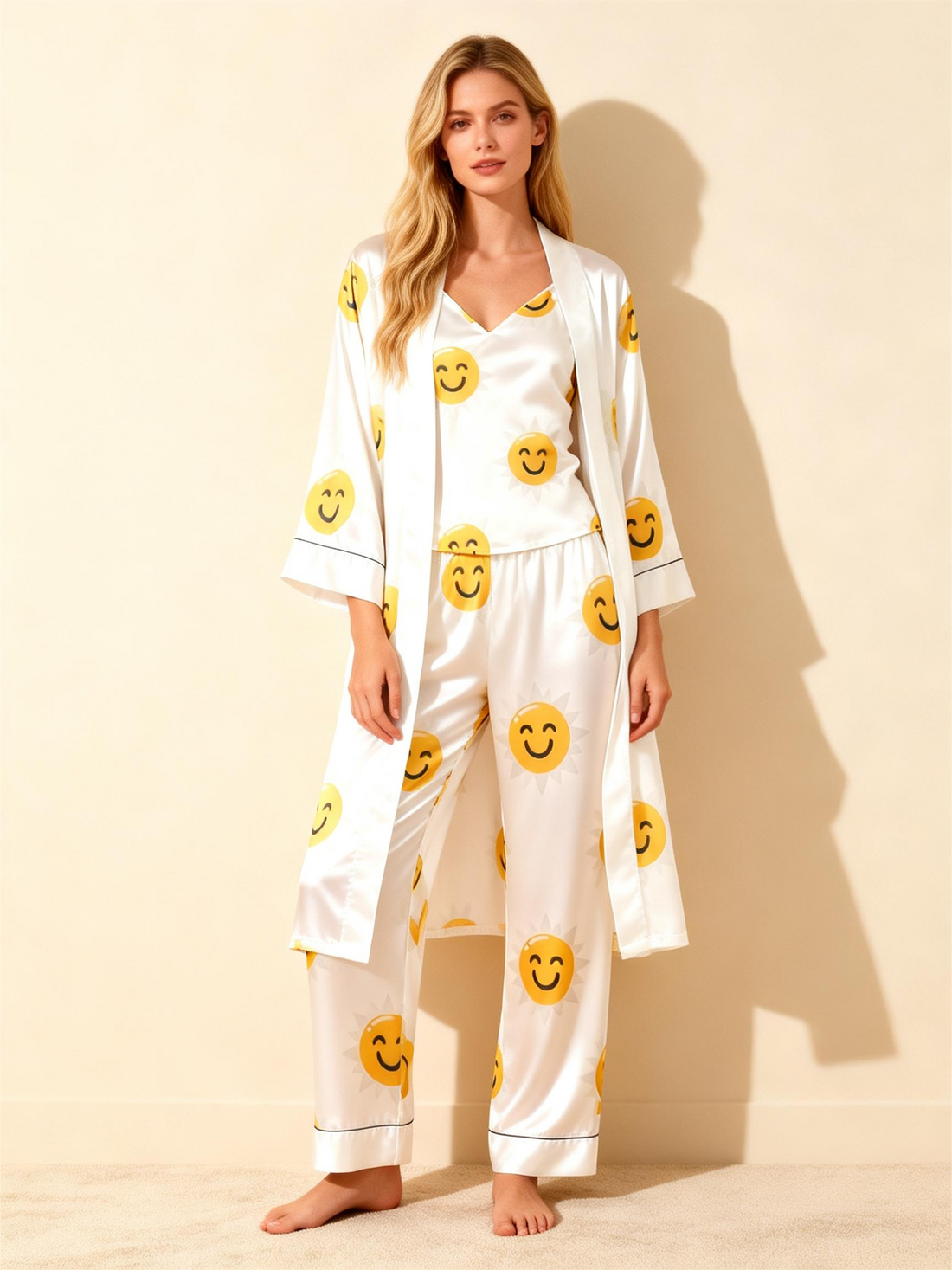 Satin 3-Piece Lovely Emoji Sleepwear Set for Women