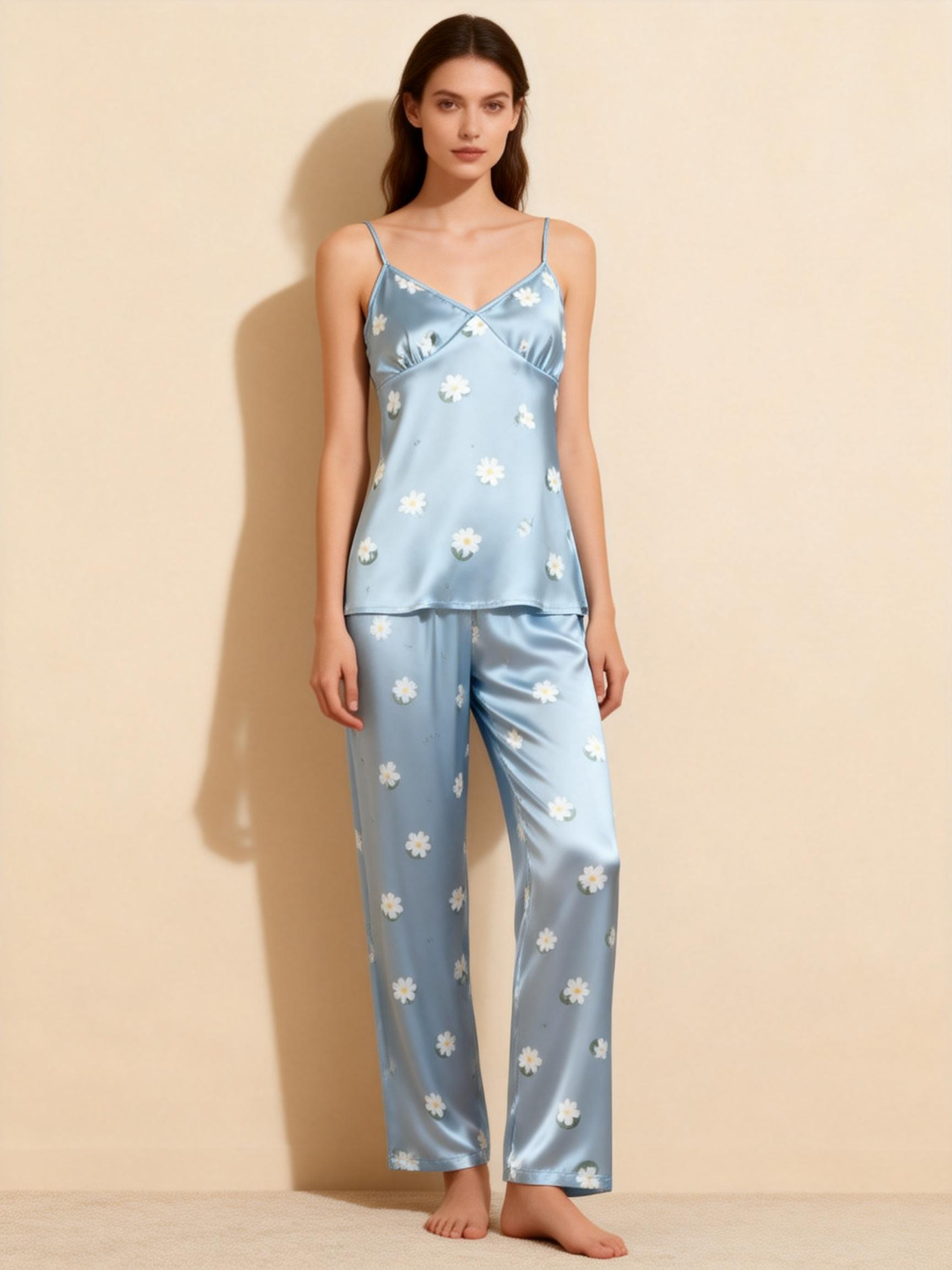 Women's 3-Piece Dreamy Blue Floral Satin Loungewear