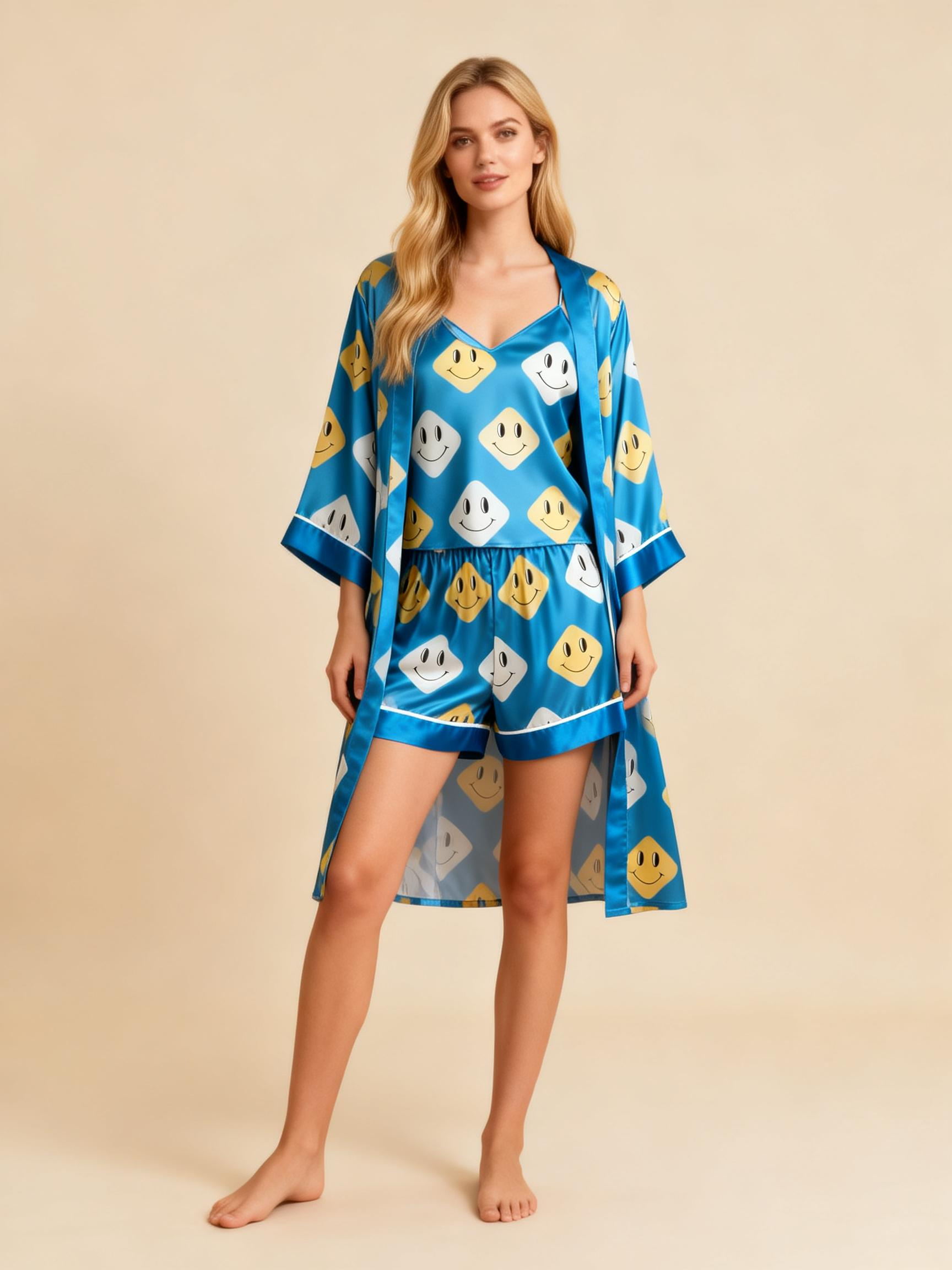 Satin 3-Piece Loungewear Set with Elegant Blue Design