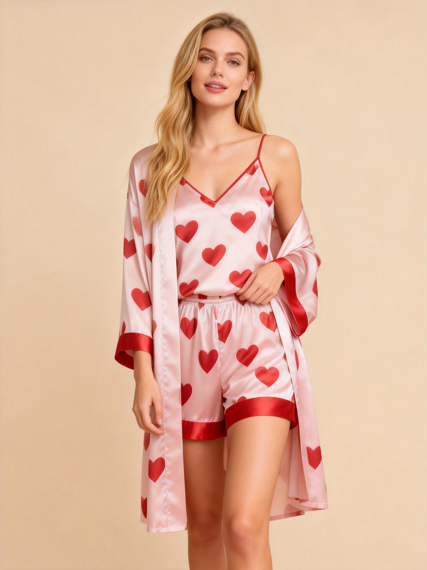 Women's Premium Satin Sleep Set Featuring Scattered Hearts Print