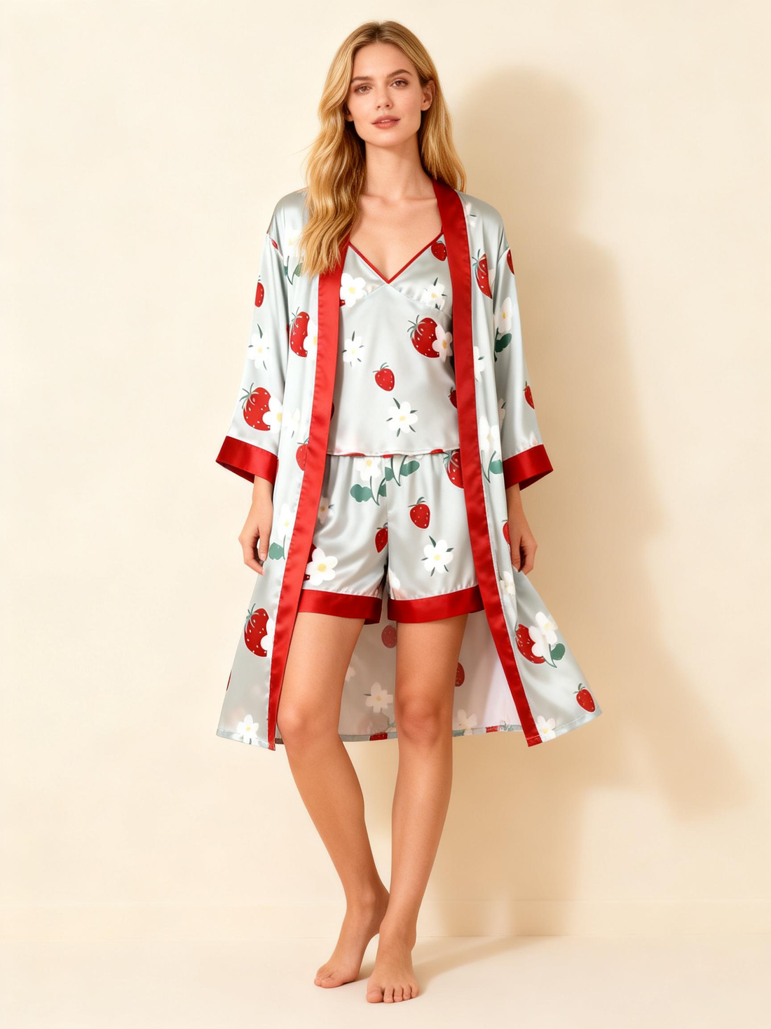 Cute Strawberry Motif 3-Piece Satin Lounge Set for Women