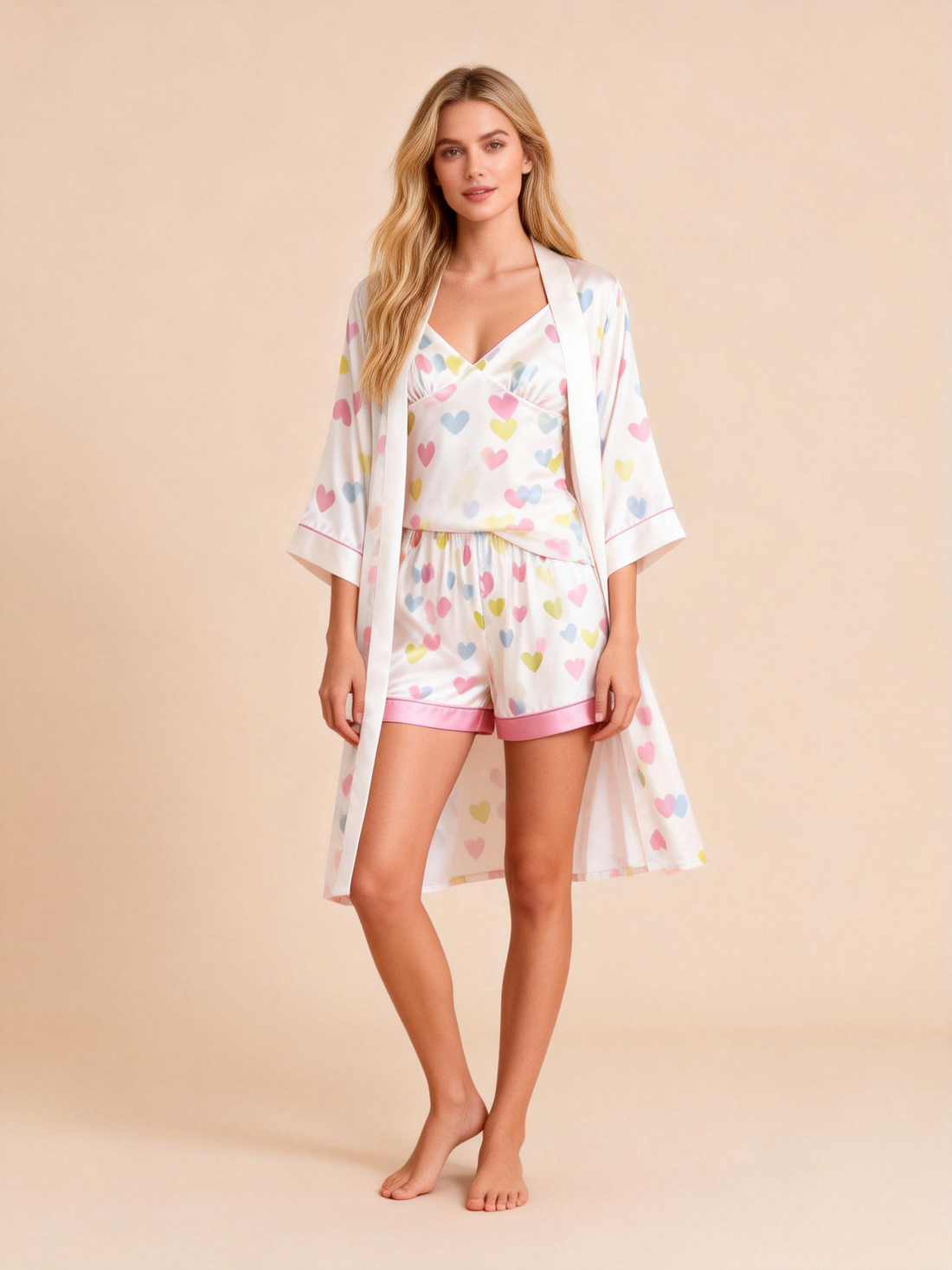 Women's Premium Satin Sleep Set with Colorful Heart Shape