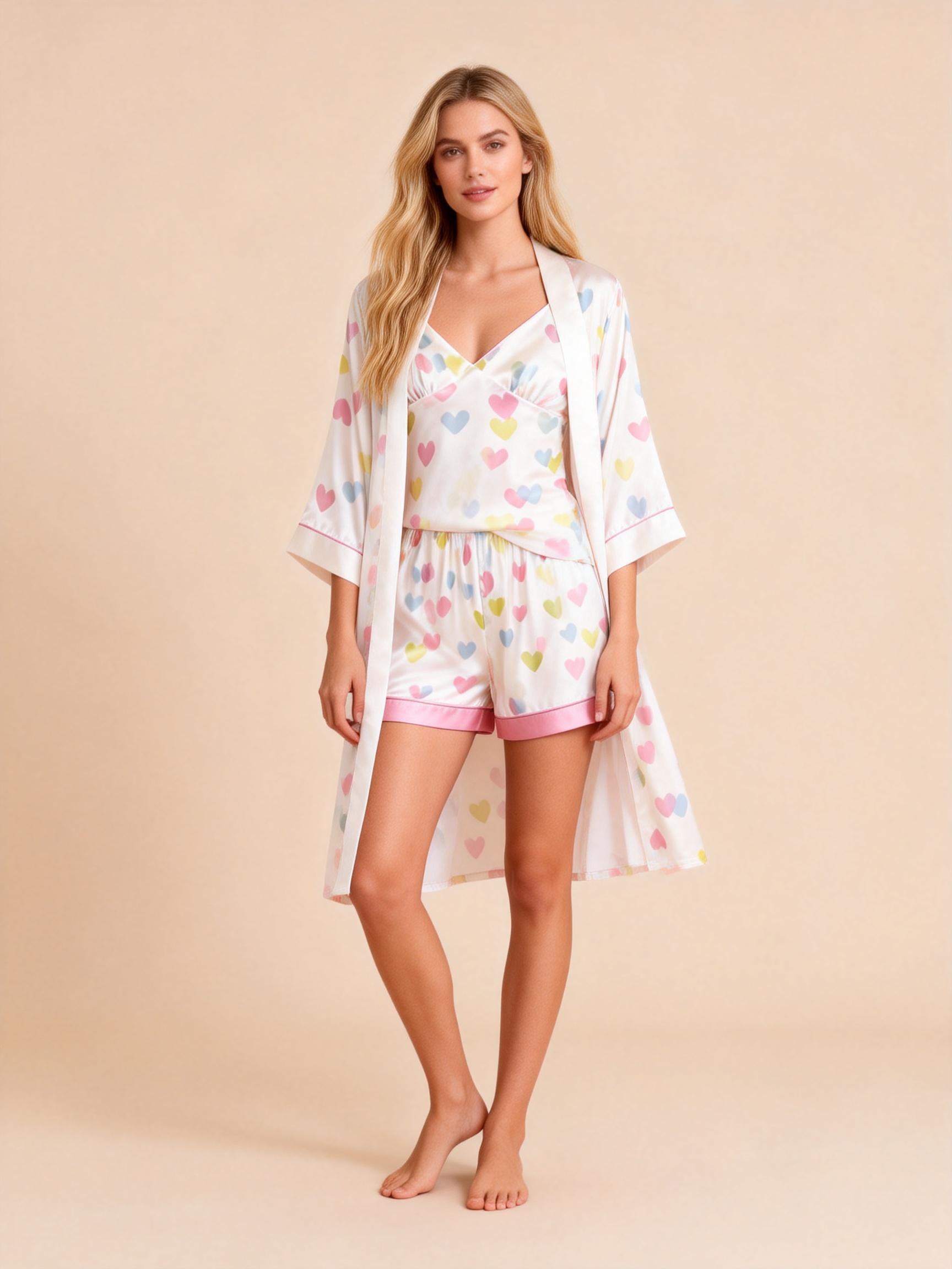 Women's Premium Satin Sleep Set with Colorful Heart Shape
