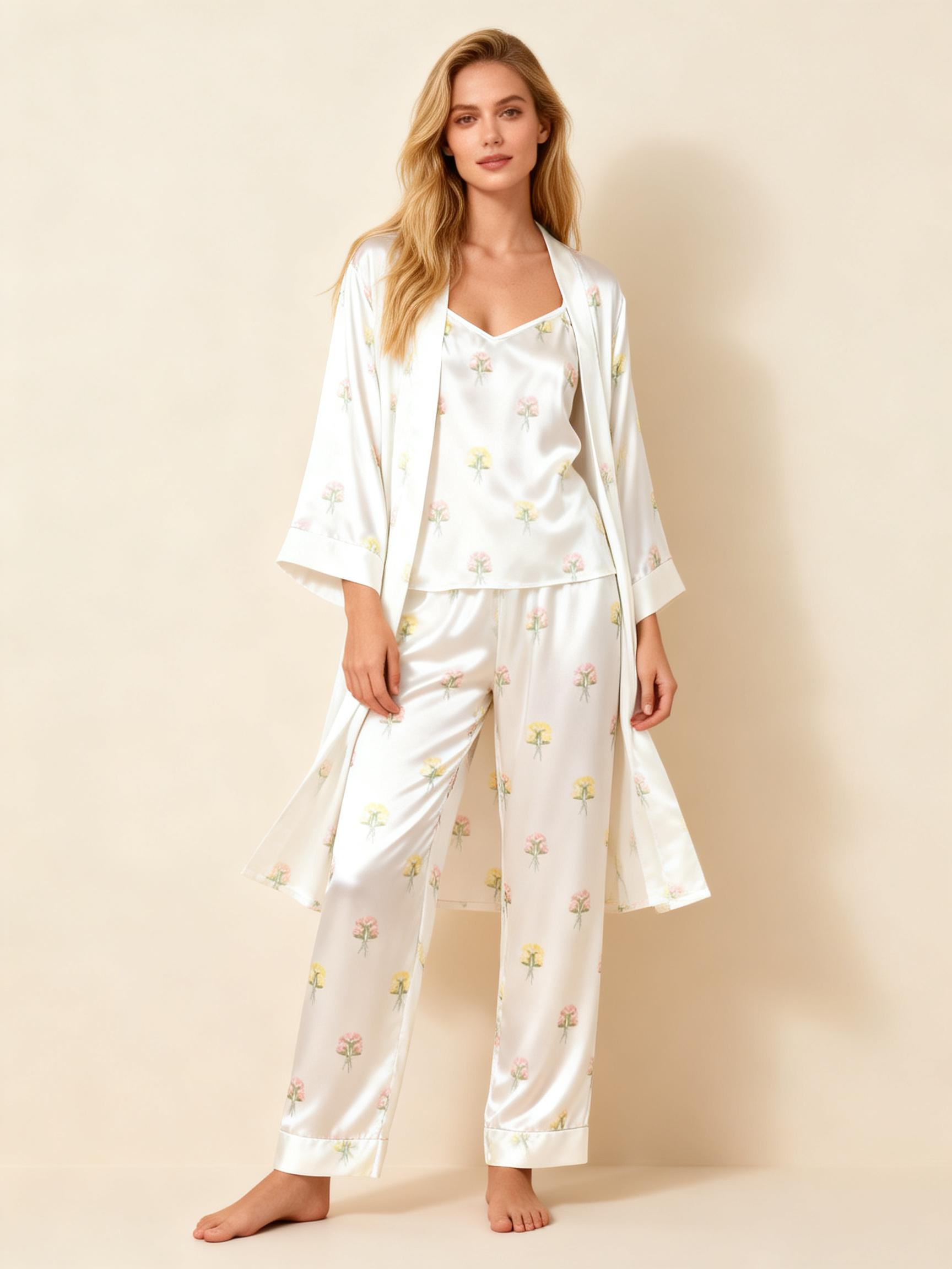 Satin 3-Piece Simple Floral Sleepwear Set for Women