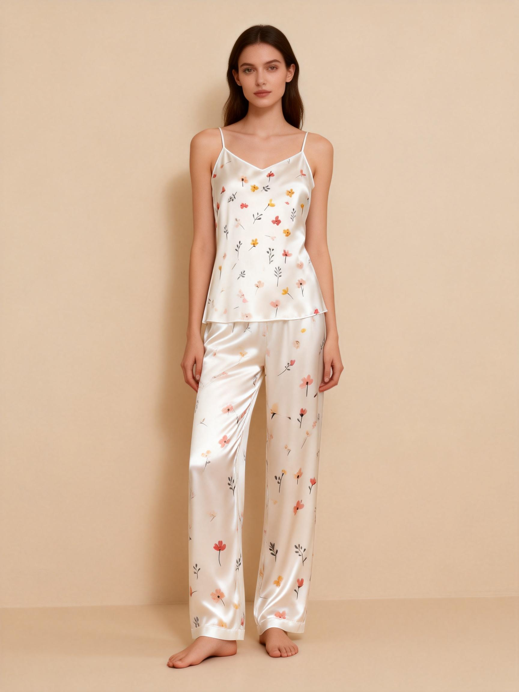 Satin 3-Piece Lovely Small Floral Sleepwear Set for Women
