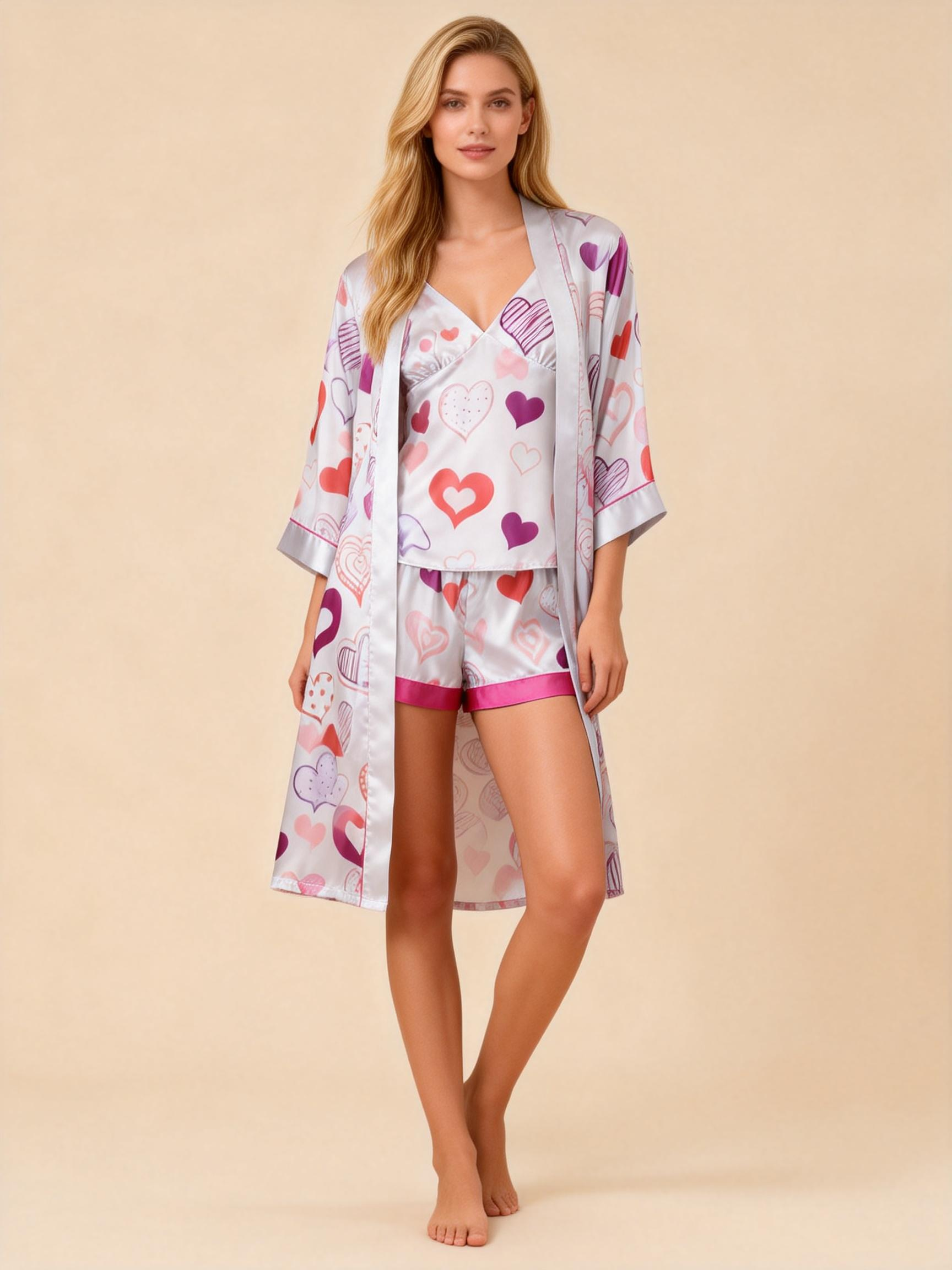 Satin 3-Piece Loungewear Set with Elegant Heart Pattern