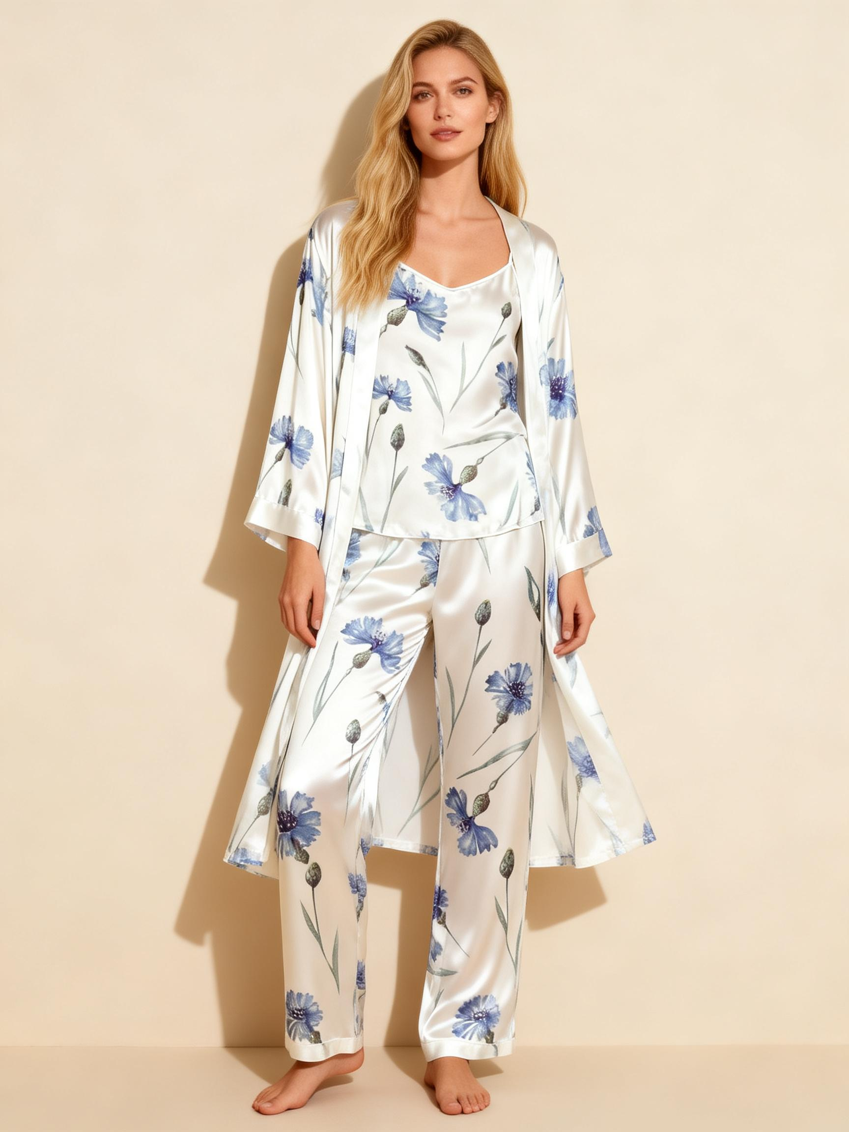 Satin 3-Piece Dreamy Blue Sleepwear Set for Women